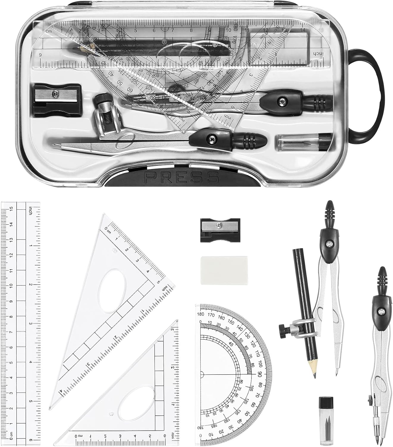 Math Geometry Kit Sets 10 Piece Student Supplies with Shatterproof Storage Box,Includes Rulers,Protractor,Compass,Eraser,Pencil Sharpener,Lead Refills,Pencil,for Drafting and Drawings（Black）