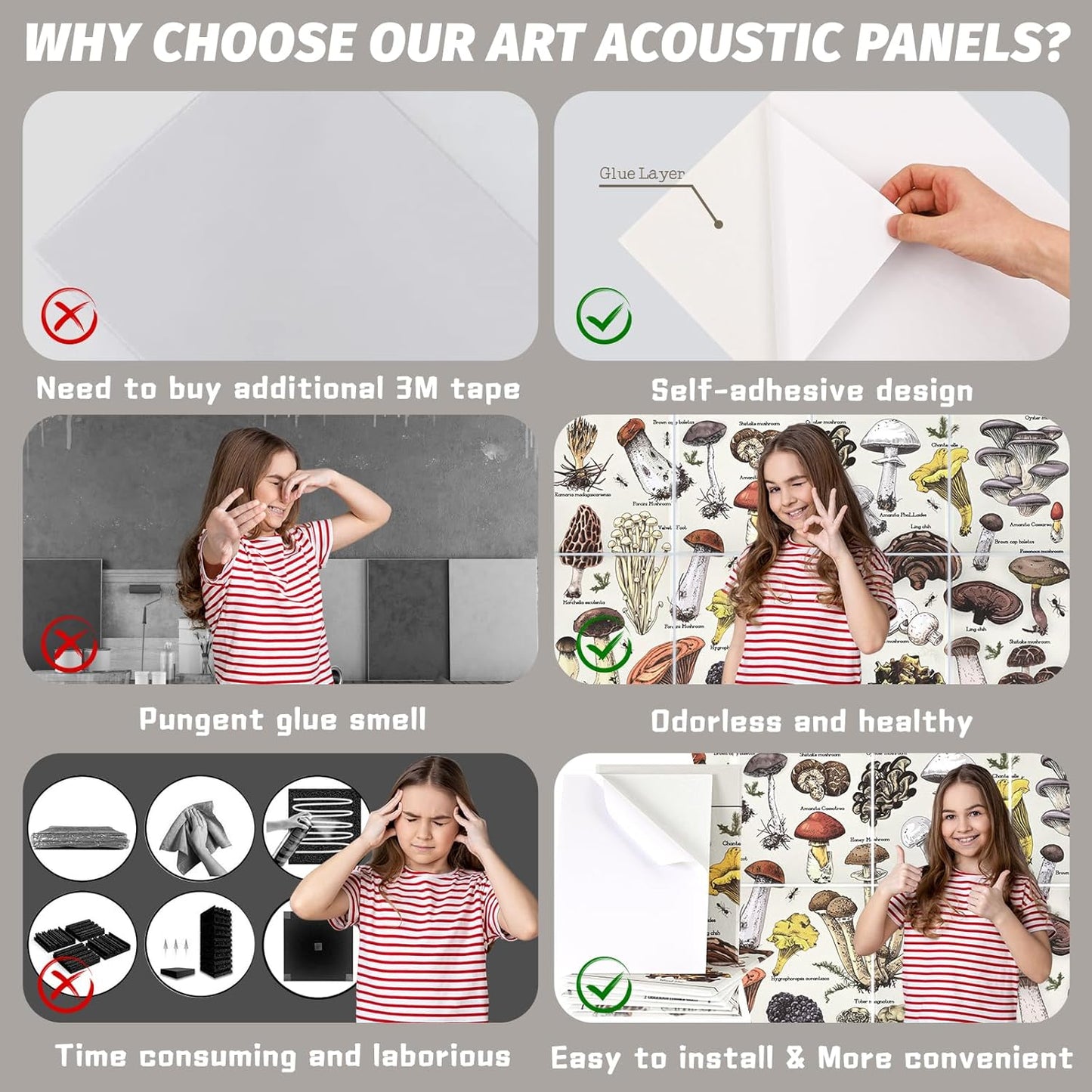 Art Acoustic Panels, 8 Pack 48"X32" Soundproof Wall Panels Self-adhesive Decorative Sound Absorbing Padding, Noise Dampening Canceling Reducing for Room Office (Mushroom)