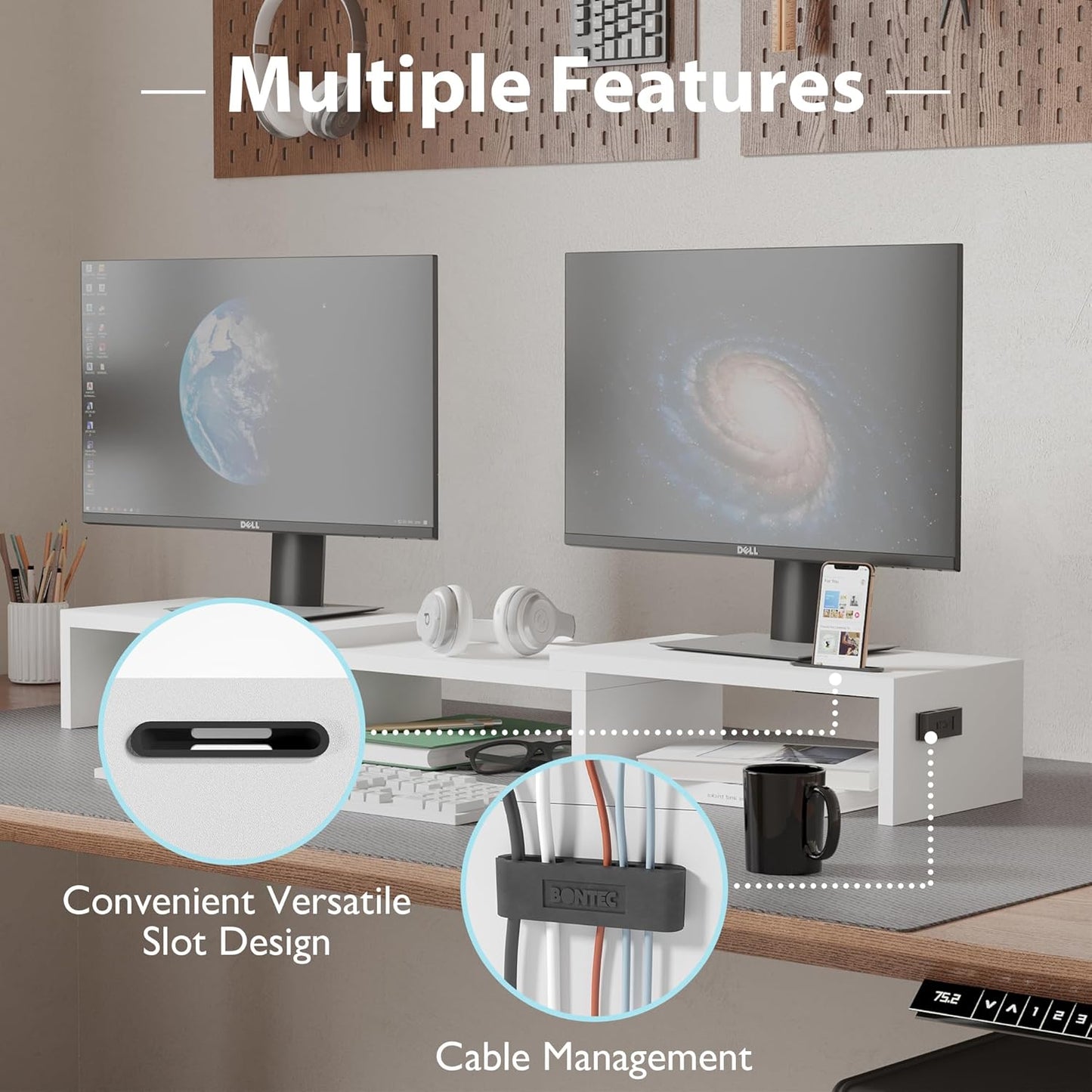BONTEC Dual Monitor Stand for Desk, Adjustable Length and Angle Monitor Stand Riser with Smartphone Holder, Desk Shelf for Top of Desk, Computer Monitor Stand with Storage, Office Desk Organizer, White
