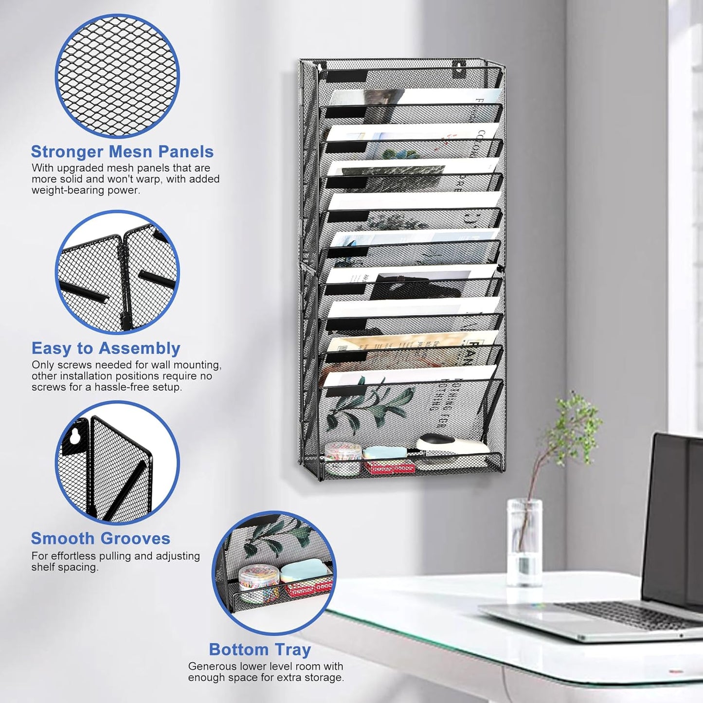 EasyPAG Wall File Holder Organizer 11 Tier Mesh Hanging Wall Mounted Document Paper Folder Filing Magazine Rack with Nametag Label for Office Home School, Black