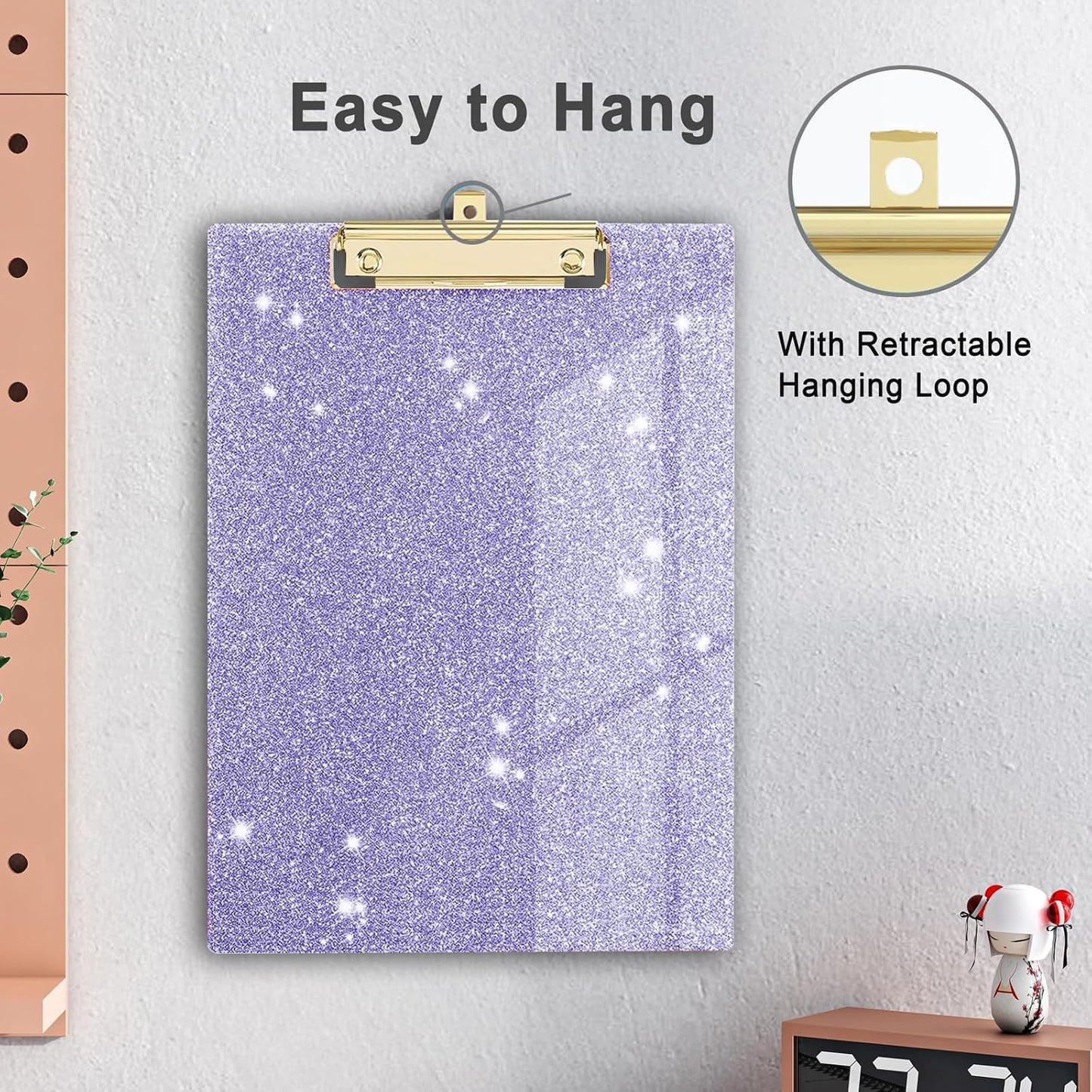 Glitter Acrylic Clipboard Decorative Standard A4 Letter Size 12.2" x 8.7", Fashion Bling Clip Boards with Designed Low Profile Gold Clip for Classroom Office - Purple