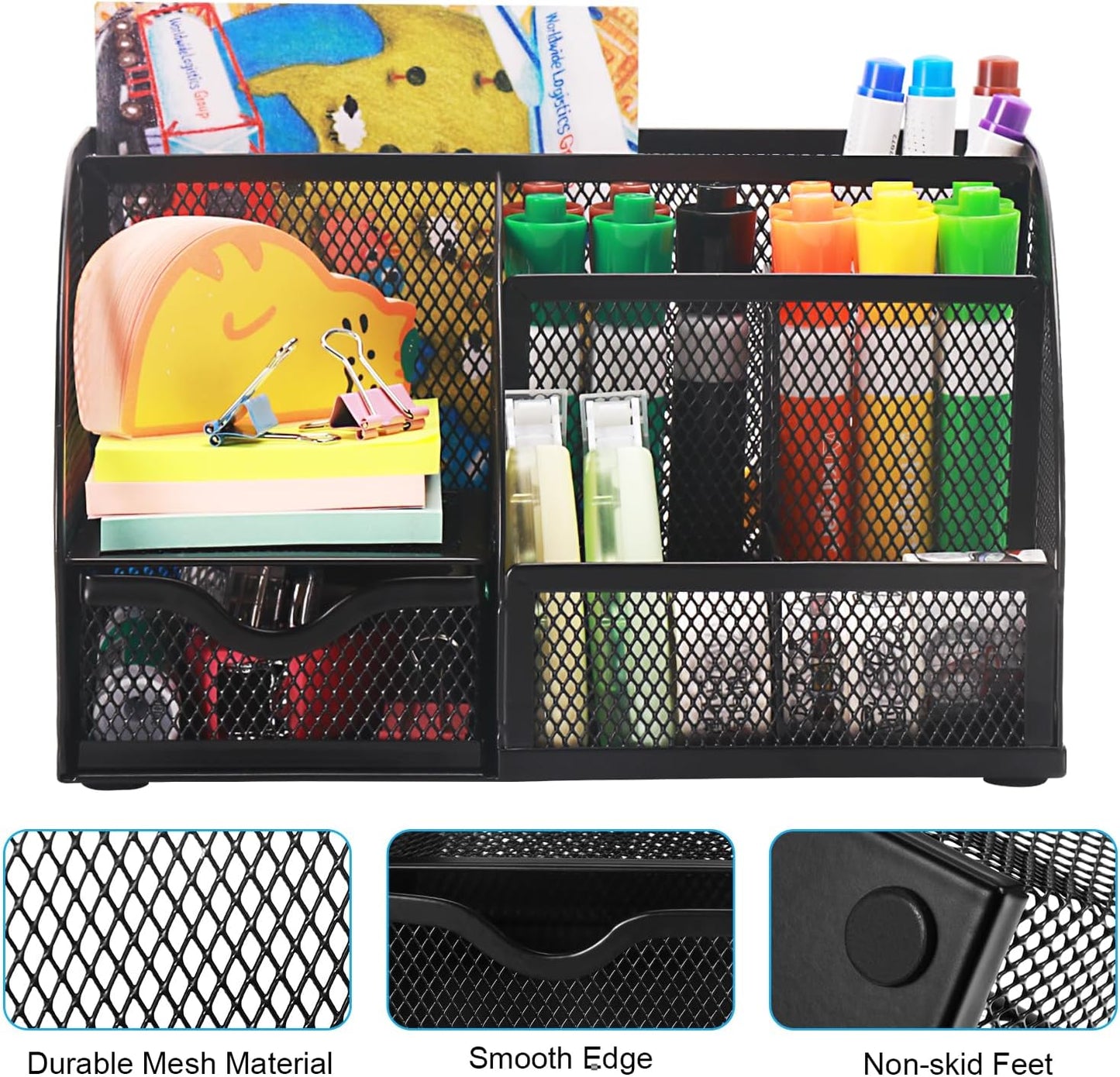Comix Mesh Pen Pencil Holder Desk Organizer, 7 Compartment Wire Desktop Pen Pencil Cup Caddy Office Supplies for Home Office School, Black