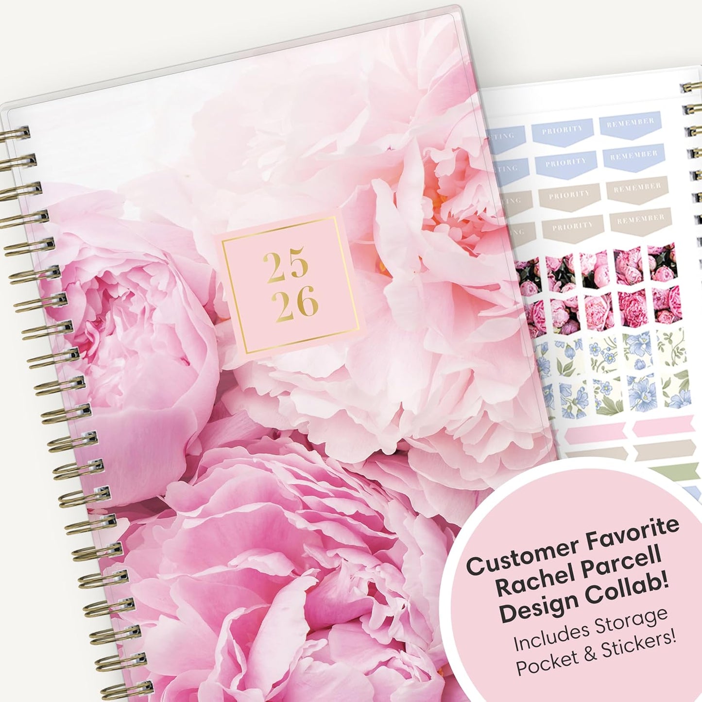 Blue Sky Rachel Parcell 2025-2026 Weekly and Monthly Academic Year Planner Calendar, July 2025 - June 2026, 5" x 8", Flexible Cover, Wirebound, Laminated Tabs, Storage Pocket, Includes Stickers, Peony