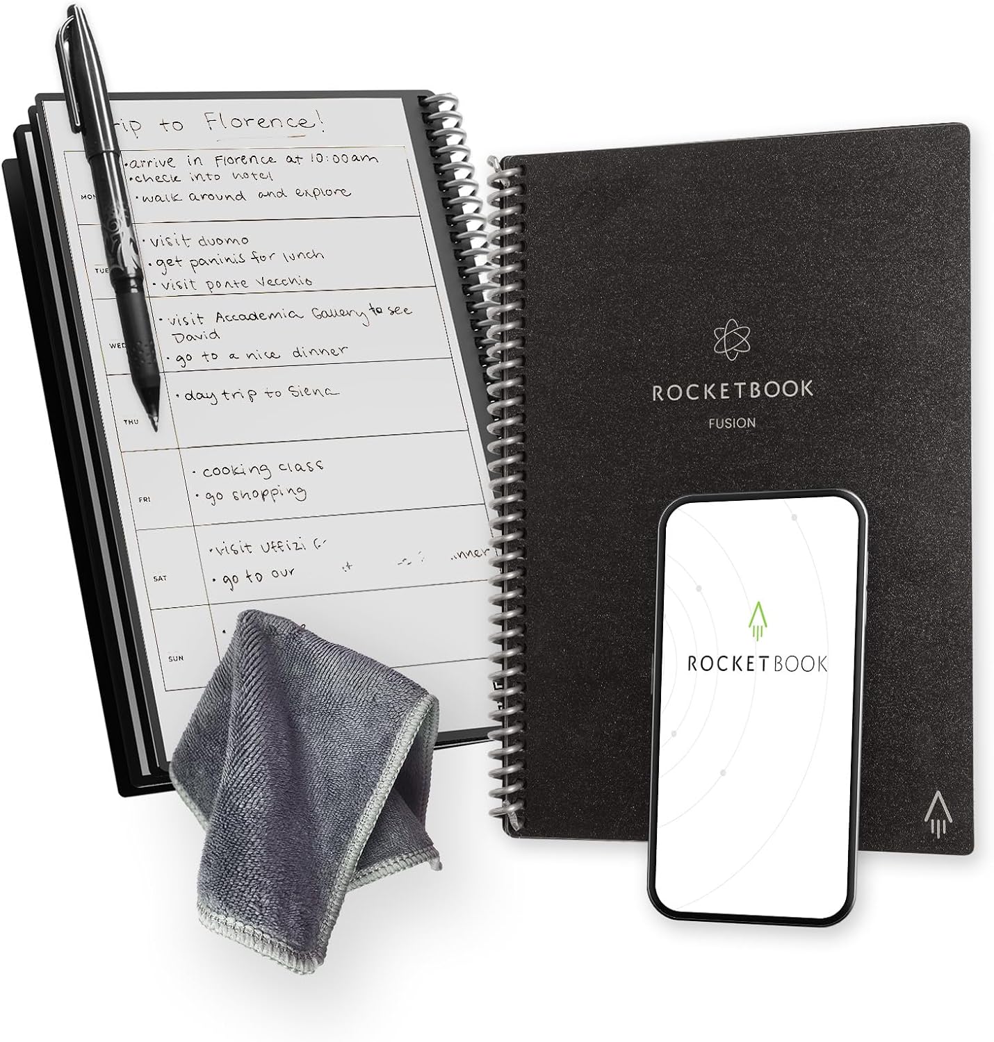 Rocketbook Fusion Reusable Undated Productivity Planner, Executive Size 6x8.8, Black - Goals, Monthly and Weekly Calendar, Daily To-do List, Lined and Dotted Notes Pages