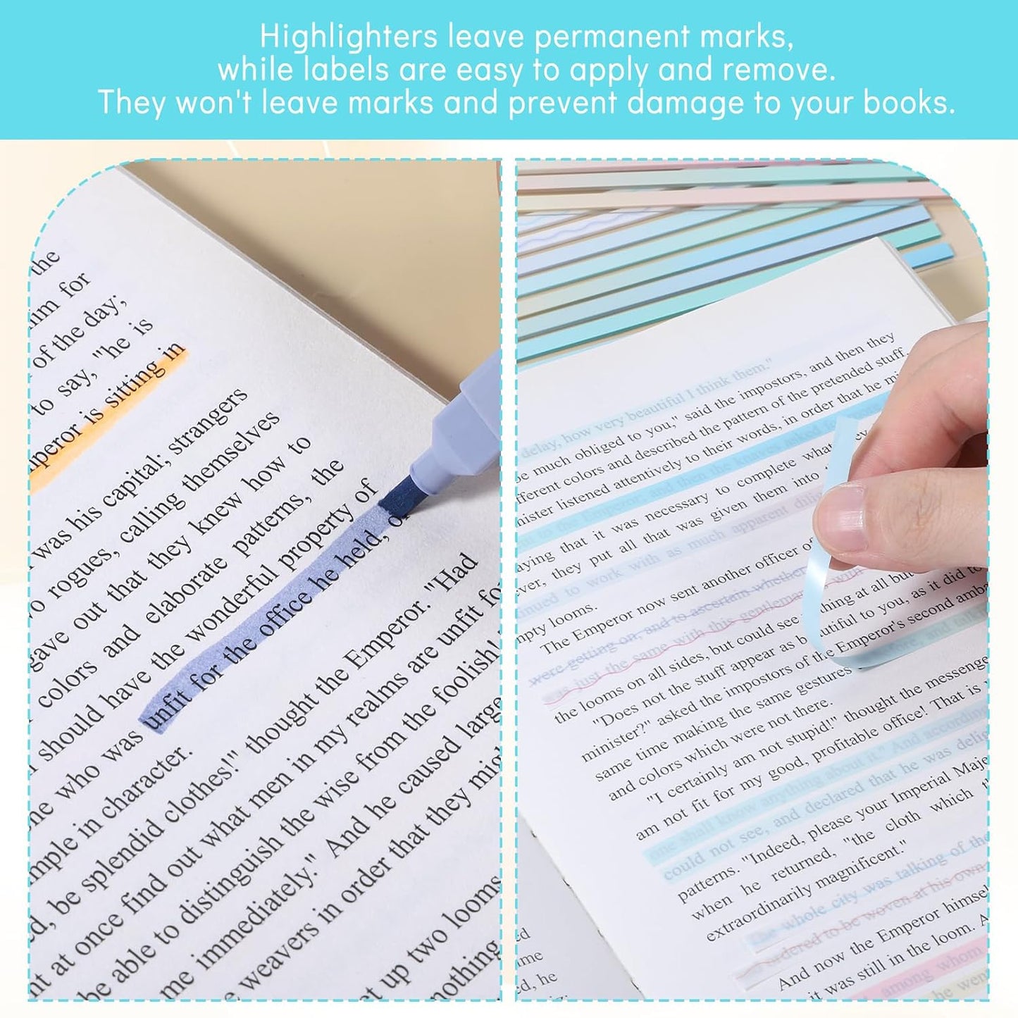 Transparent Highlighter Strips for Reading, Sticky Long Tabs 6 Sheet 960 Pcs Highlighter Tape Translucent Sticky Tabs Reusable Gradient Removable Tapes Tab for Long Page Notes Annotating Books