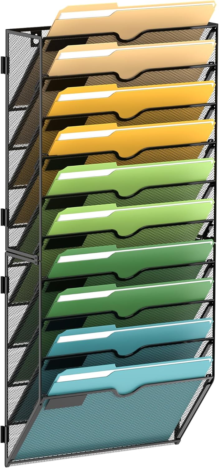 SUPEASY 10-Tier Wall File Organizer Mesh Office Mail Holder, Hanging Wall Organizer Magazine Rack for Office Black