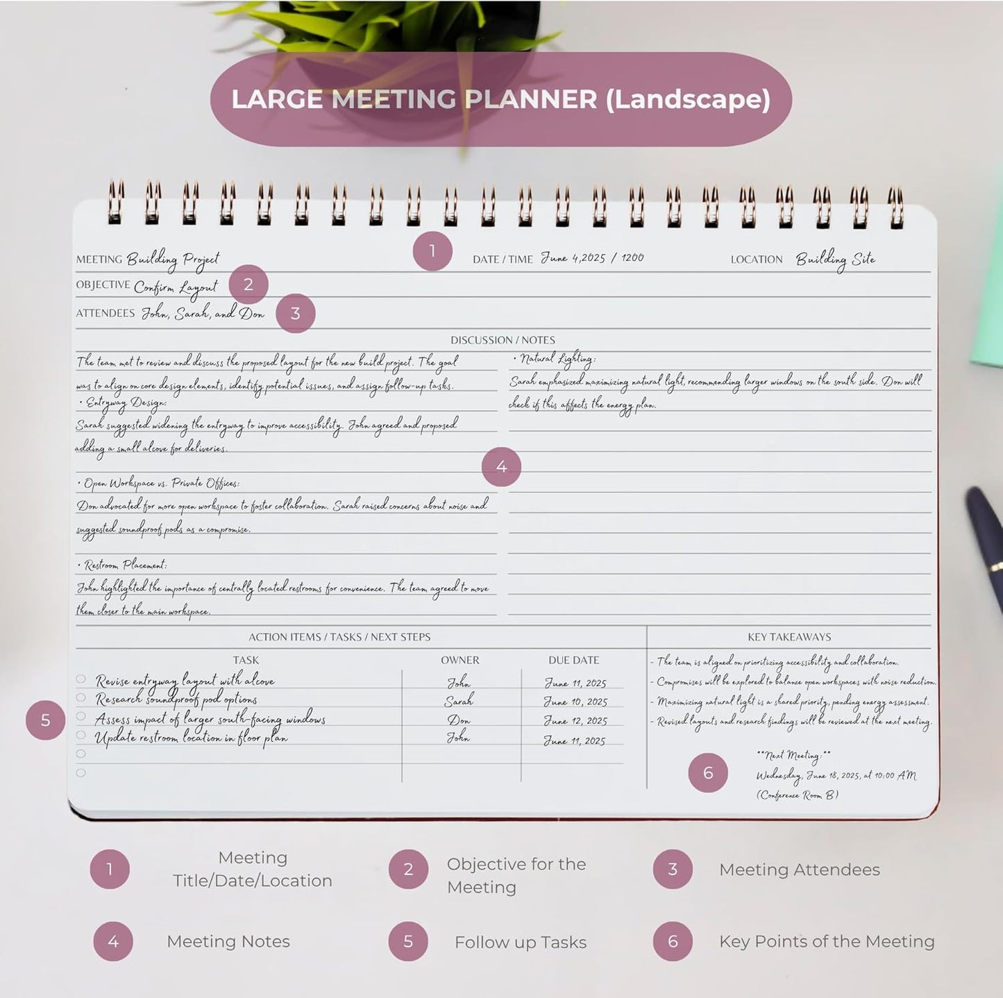 | Meeting Notebook for Work | 8.25" x 11.75" | Project Planner | Simple Design | Multiple Layouts | Office and Business Planner (Black, Meeting Planner - Landscape)