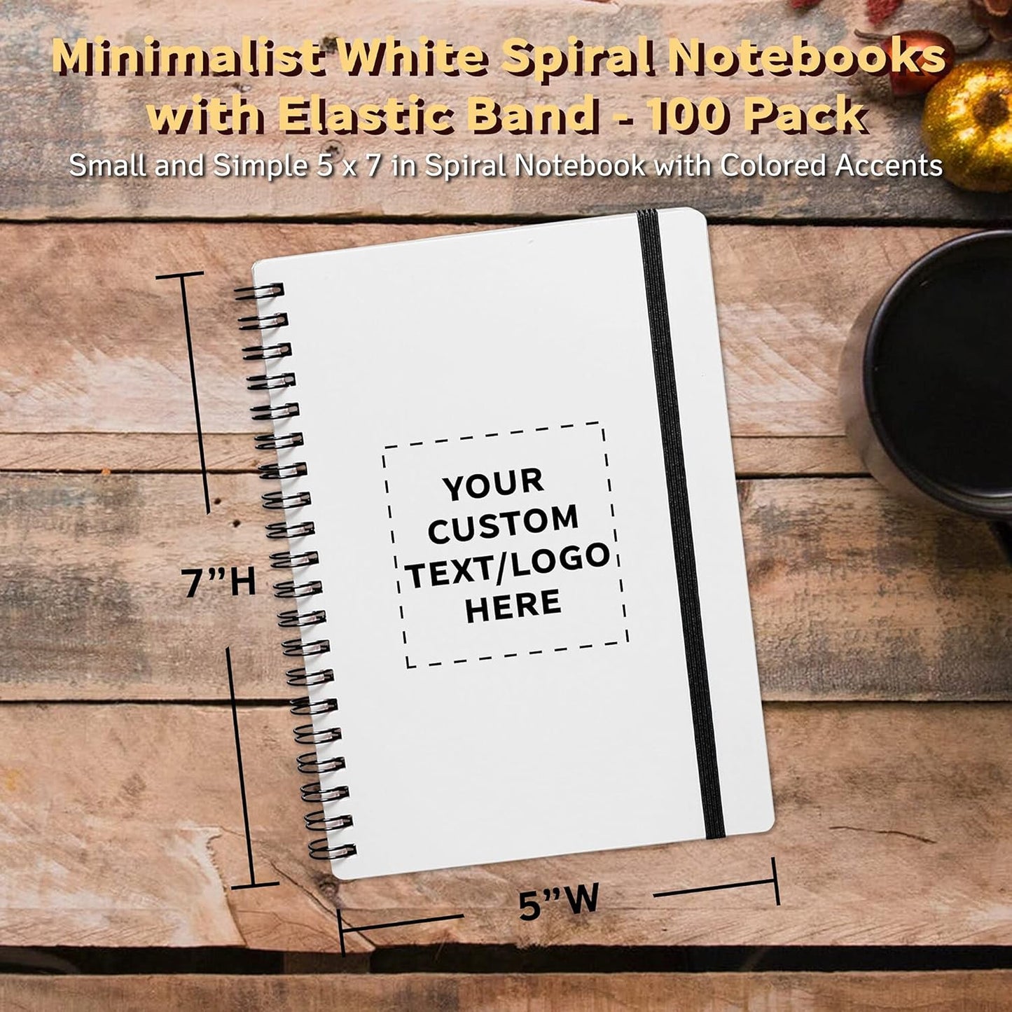 100 White Spiral Notebooks with Elastic Band Pack - Customizable Text, Logo - 80 lined pages, Recycled - Black