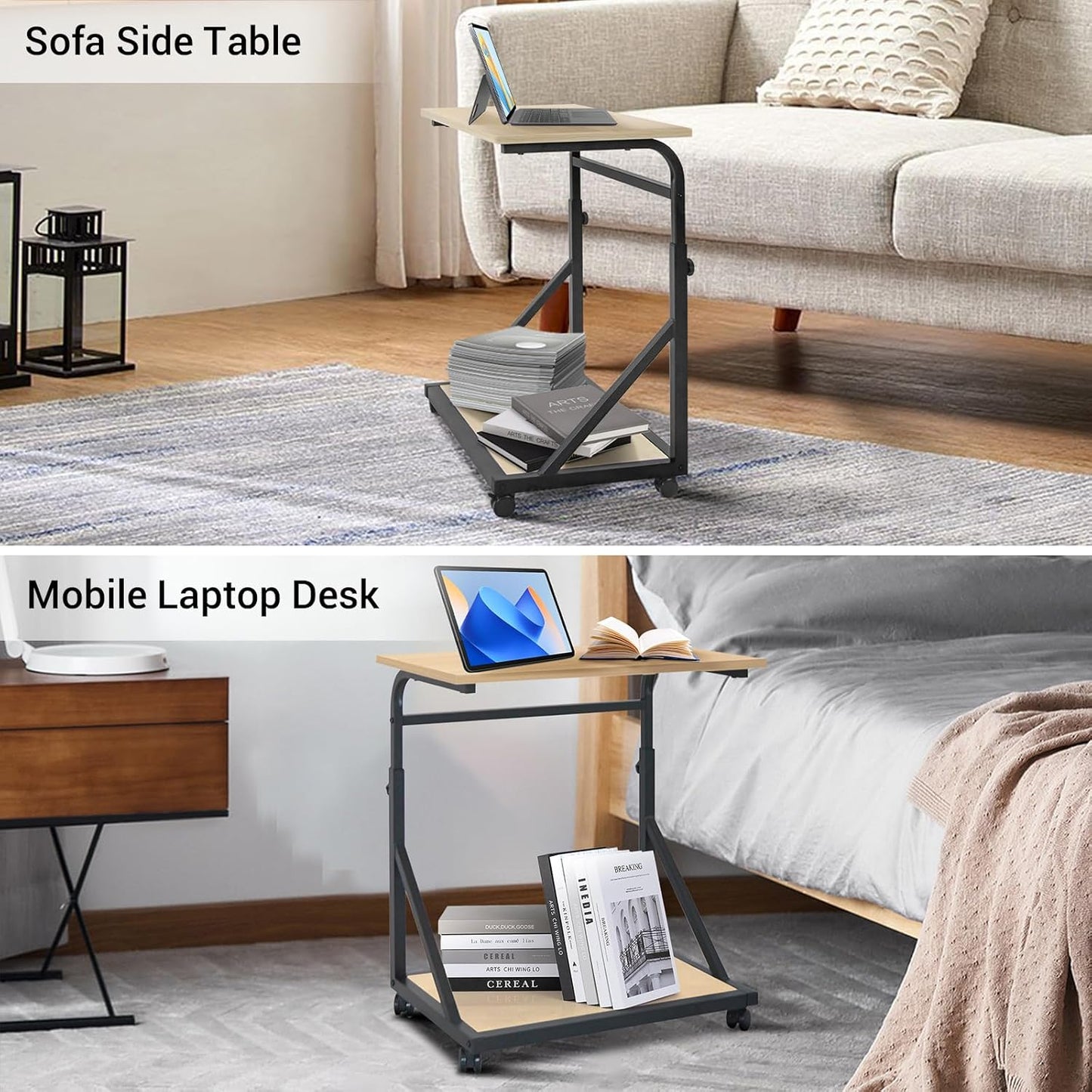 Computer Tower Stand, 2-Tier CPU Stand with Lockable Wheels, Adjustable Height PC Stand for Floor, Mobile PC Laptop Standing Table for Home Office (White Maple)