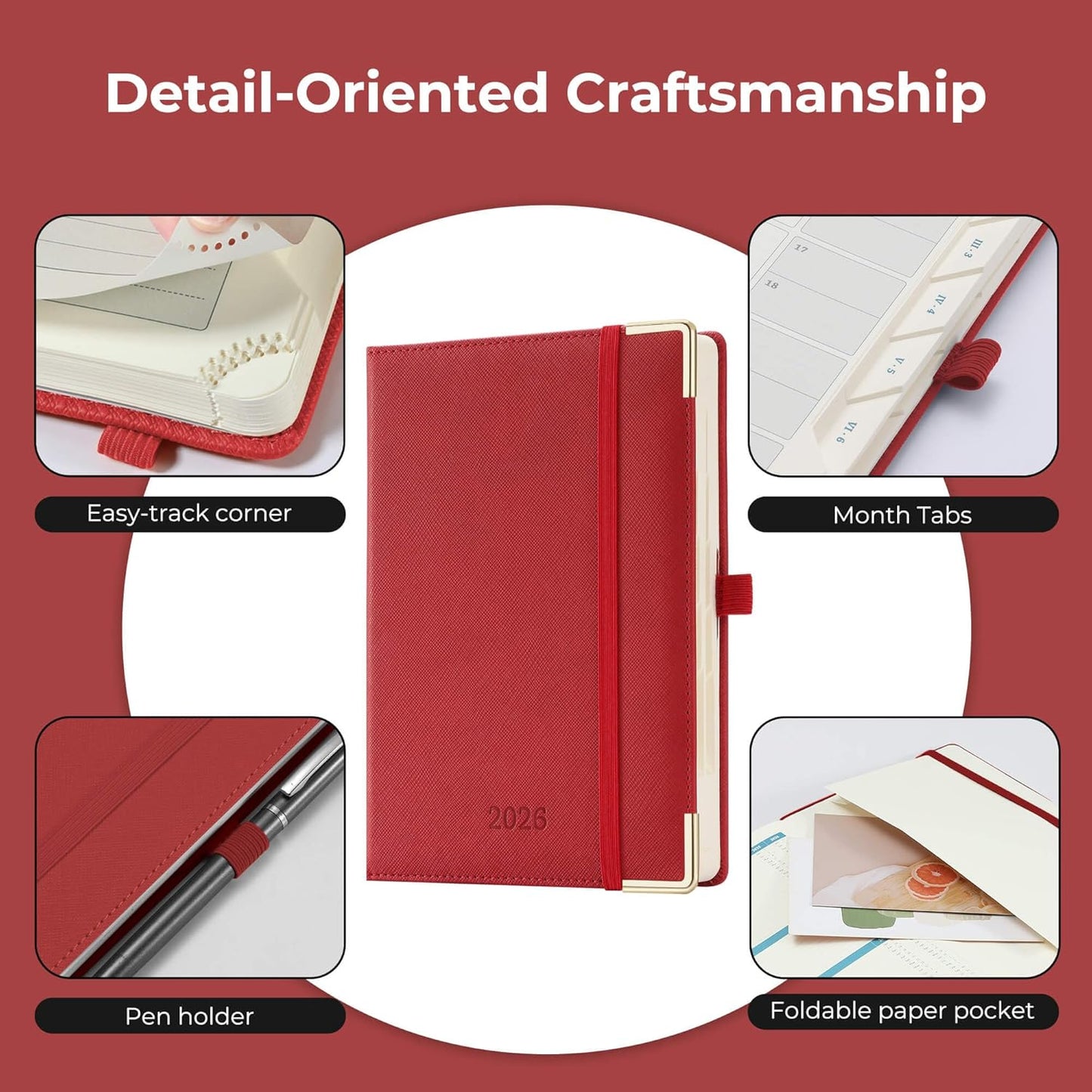Daily Planner 2026 with One Page Per Day,(A5-8.5" x 5.9"),12 Months Calendar Hourly Appointment Book Monthly Tabs & Self-adhesive Pen Holder,Inner Pocket, Vegan Leather Hardback,Red
