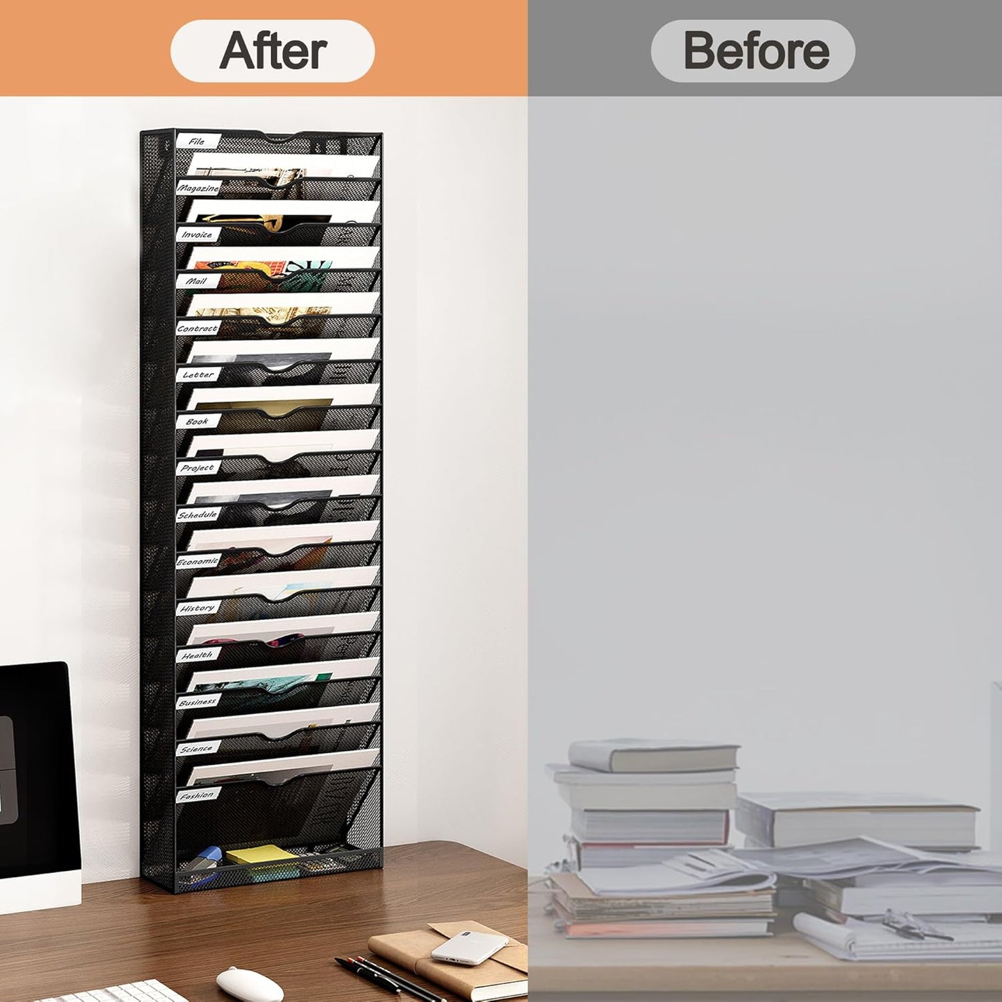 16 Tier Hanging Wall File Holder, Metal A4 Wall Mounted Document Holder, Vertical Hanging Mail Organizer, Magazine Storage Rack with Tray for Office Home Classroom, Black