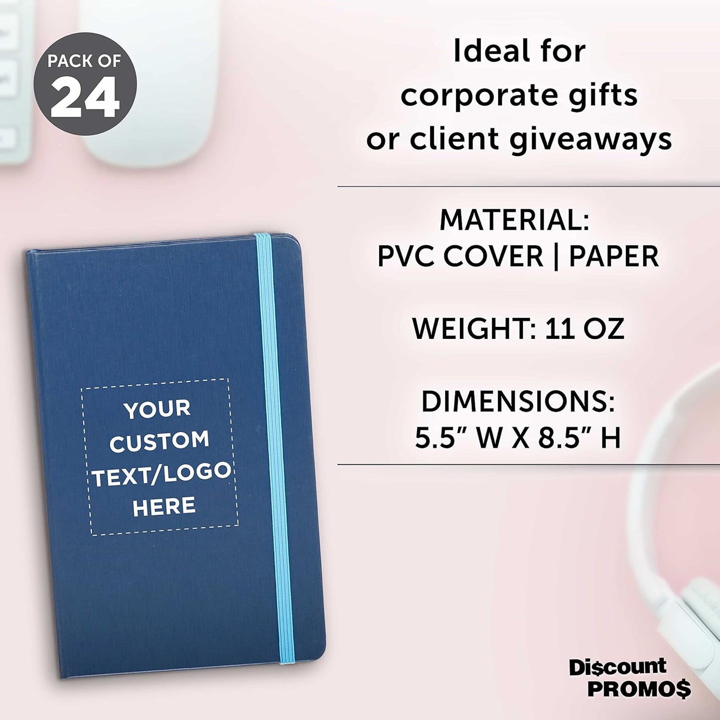 DISCOUNT PROMOS Custom Hardcover Notebook Journals with Elastic Colored Band Set of 24, Personalized Bulk Pack - Perfect for School, Office, Home - Blue