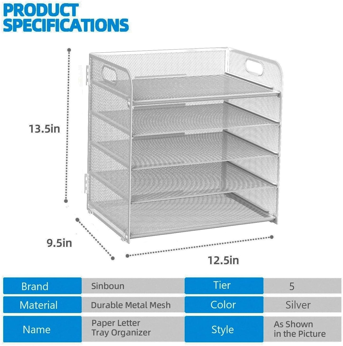 Letter Tray Paper Organizer 5-Tier Desk Organizer File Organizer Paper Holder with Handle, Metal Desktop Document Shelf Tray Office Classroom Organization - Silver