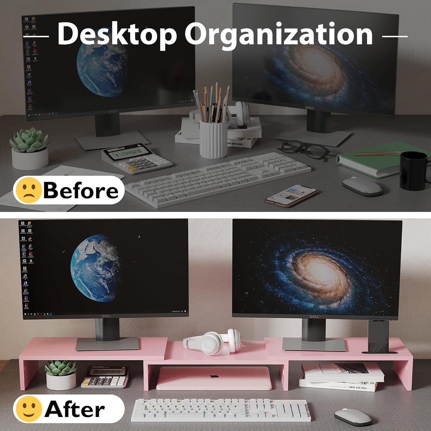 BONTEC Dual Monitor Stand for Desk, Adjustable Length and Angle Monitor Stand Riser with Smartphone Holder, Desk Shelf for Top of Desk, Computer Monitor Stand with Storage, Office Desk Organizer, Pink