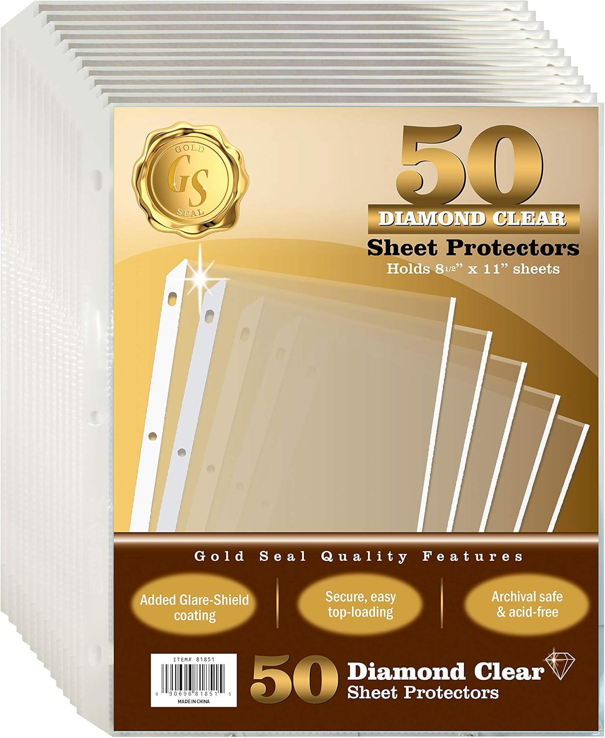 GOLD SEAL 50 Count Diamond Clear Sheet Protectors, Anti Glare Coating, Standard Durable Weight, 8.5 x 11, Topload, 50 Pack