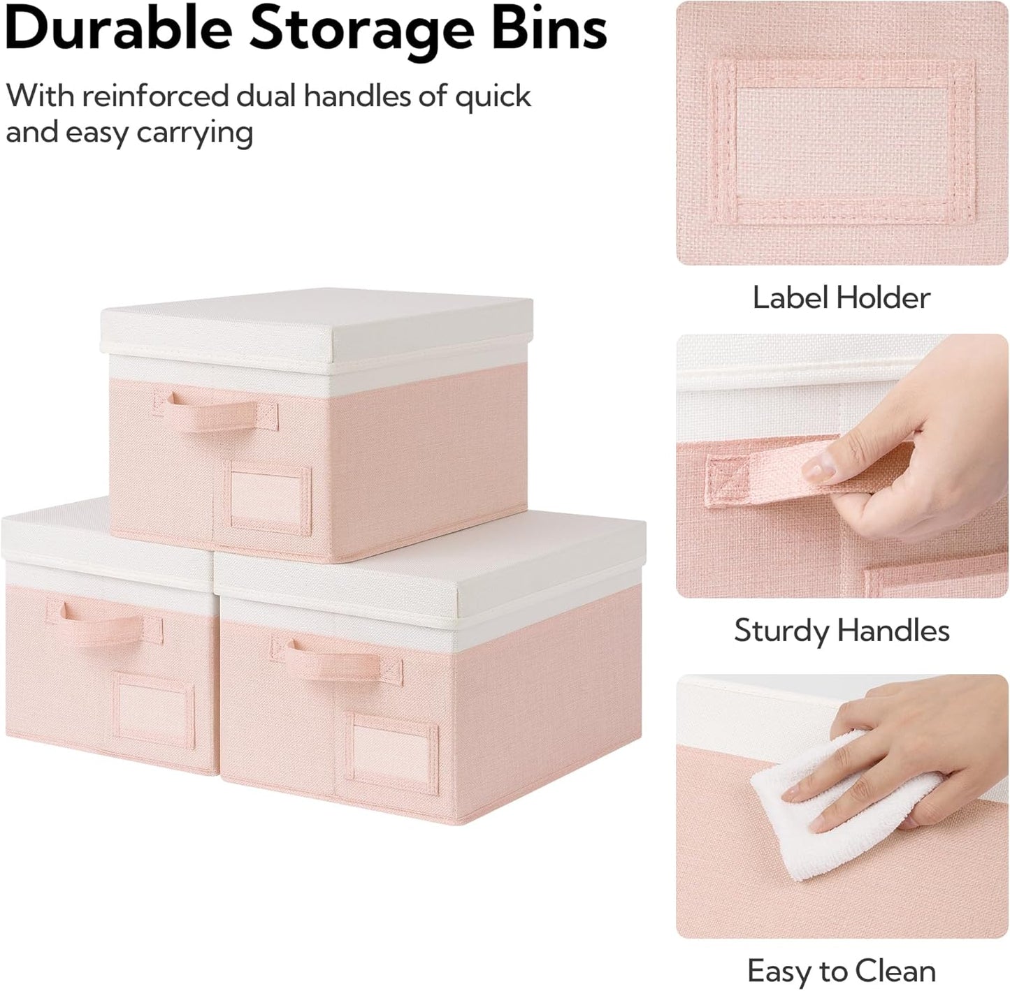 GRANNY SAYS Storage Bins with Lids, Storage Boxes for Organizing, Storage Baskets with Handles, Closet Organizers and Storage, Storage Bins for Shelves, Decorative Storage Boxes, 3-Pack, Pink&Ivory