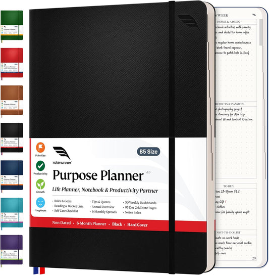 Purpose Planner Notebook B5 7.5”x9.8” Undated 2025 Daily Weekly and Monthly Productivity Goal Setting Tool for Work Home ADHD for Adults Self Care Journal