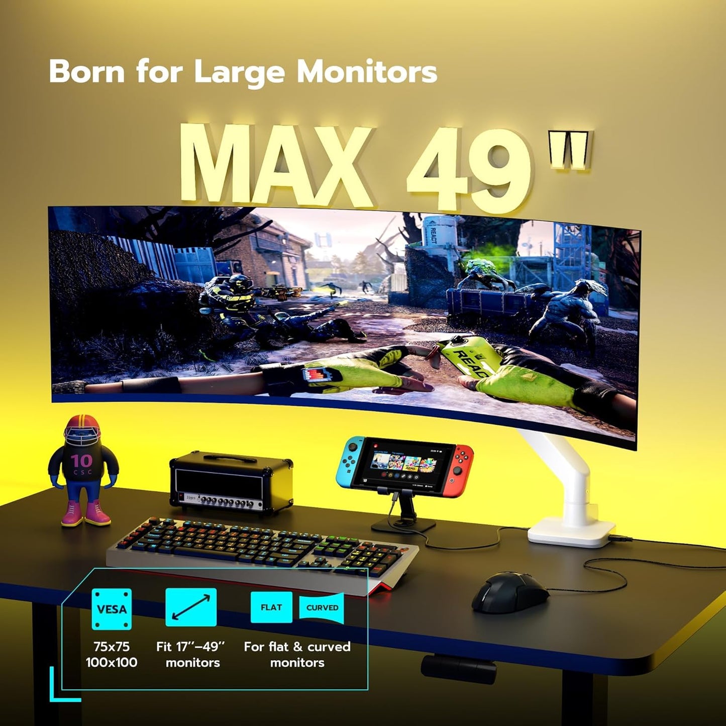 ARES WING Single Ultrawide Monitor Mount with USB A/C, Heavy Duty Monitor Arm for 17 to 49 inch Screen, Holds 44 lbs, Adjustable Gas Spring Arm Desk Mount with Clamp and Grommet Base, White