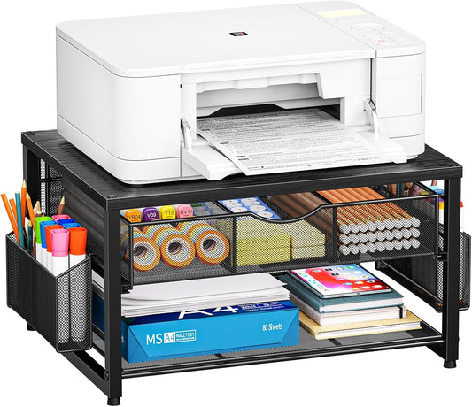 Marbrasse Wood Printer Stand for Desk, 2-Tier Desktop Printer Table for Home Office, Printer Stand with Storage Drawer 2 Pen Holders, Multi-Purpose Desk Organizer for Fax Machine Scanner (Wood Black)