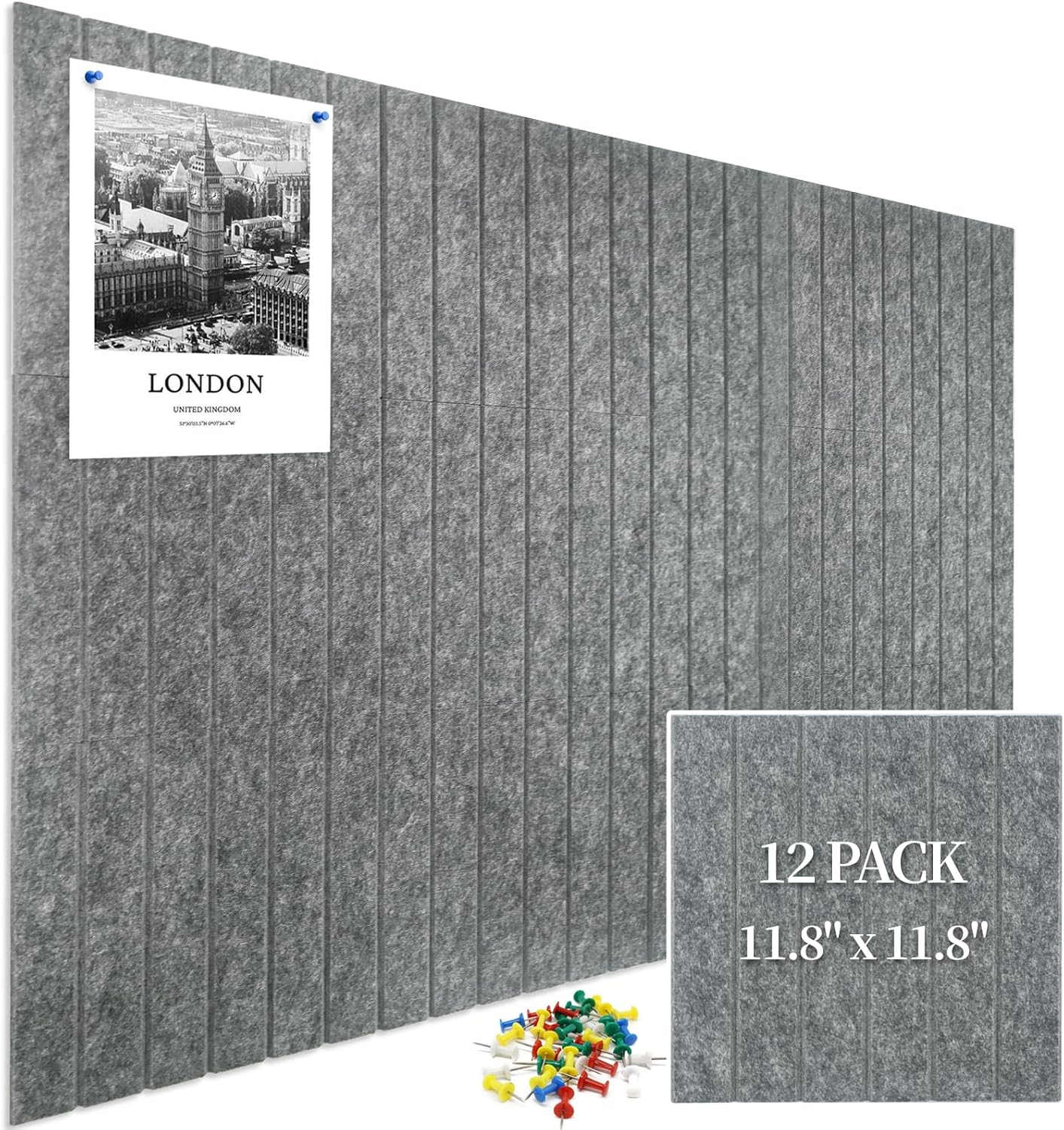 12 Pack Large Cork Board for Walls, Slat Wall Paneling, 48" X 36" Felt Bulletin Board Tiles with Safe Removable Adhesive Tabs & Push Pins, Pin Board Cork Board Wall Organizer for Office - Dark Grey