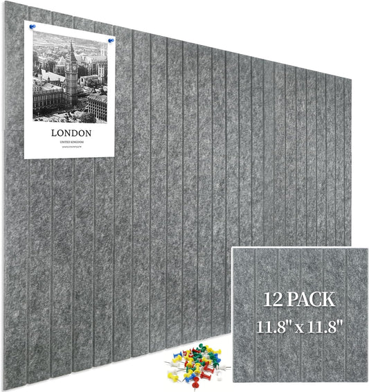 12 Pack Large Cork Board for Walls, Slat Wall Paneling, 48" X 36" Felt Bulletin Board Tiles with Safe Removable Adhesive Tabs & Push Pins, Pin Board Cork Board Wall Organizer for Office - Dark Grey
