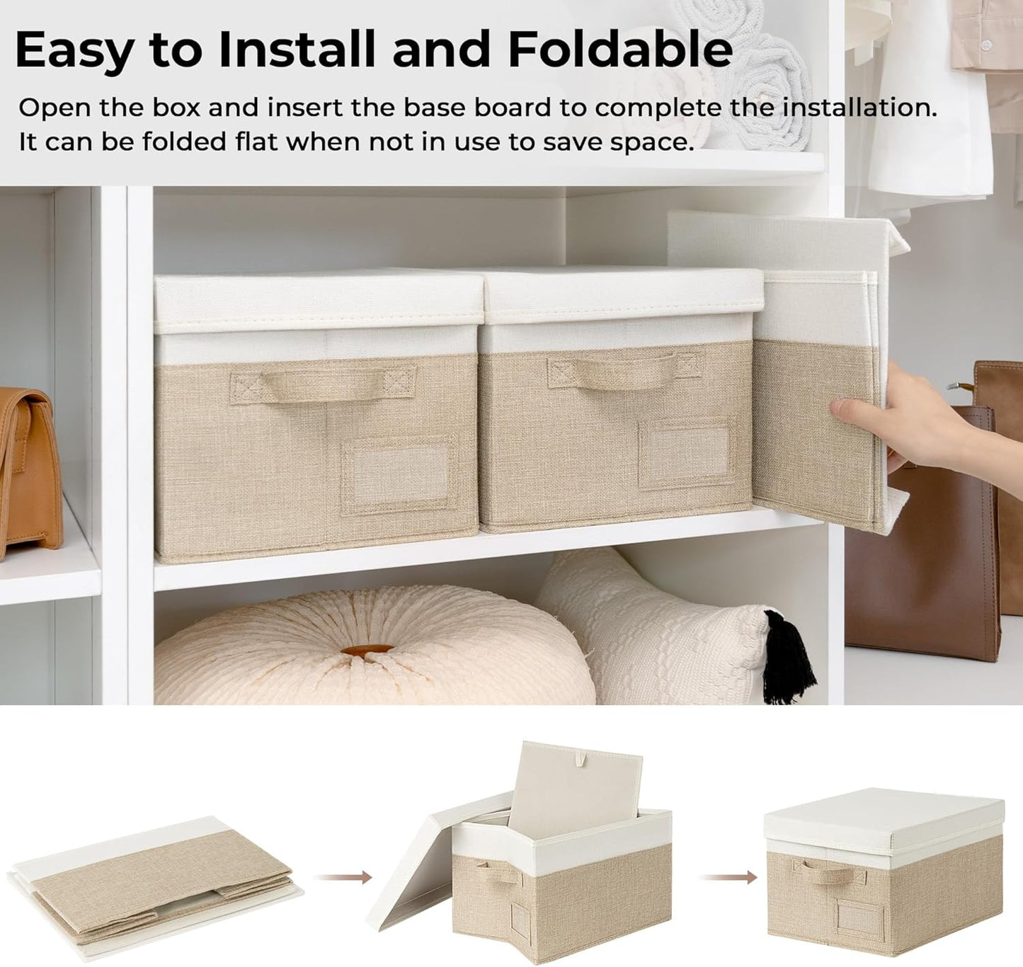 GRANNY SAYS Storage Basket with Lid, Linen Fabric Storage Bins for Shelves, Decorative Storage Boxes, Clothes Storage and Organization, Memory Keepsake Box, 3-Pack, Khaki&Ivory