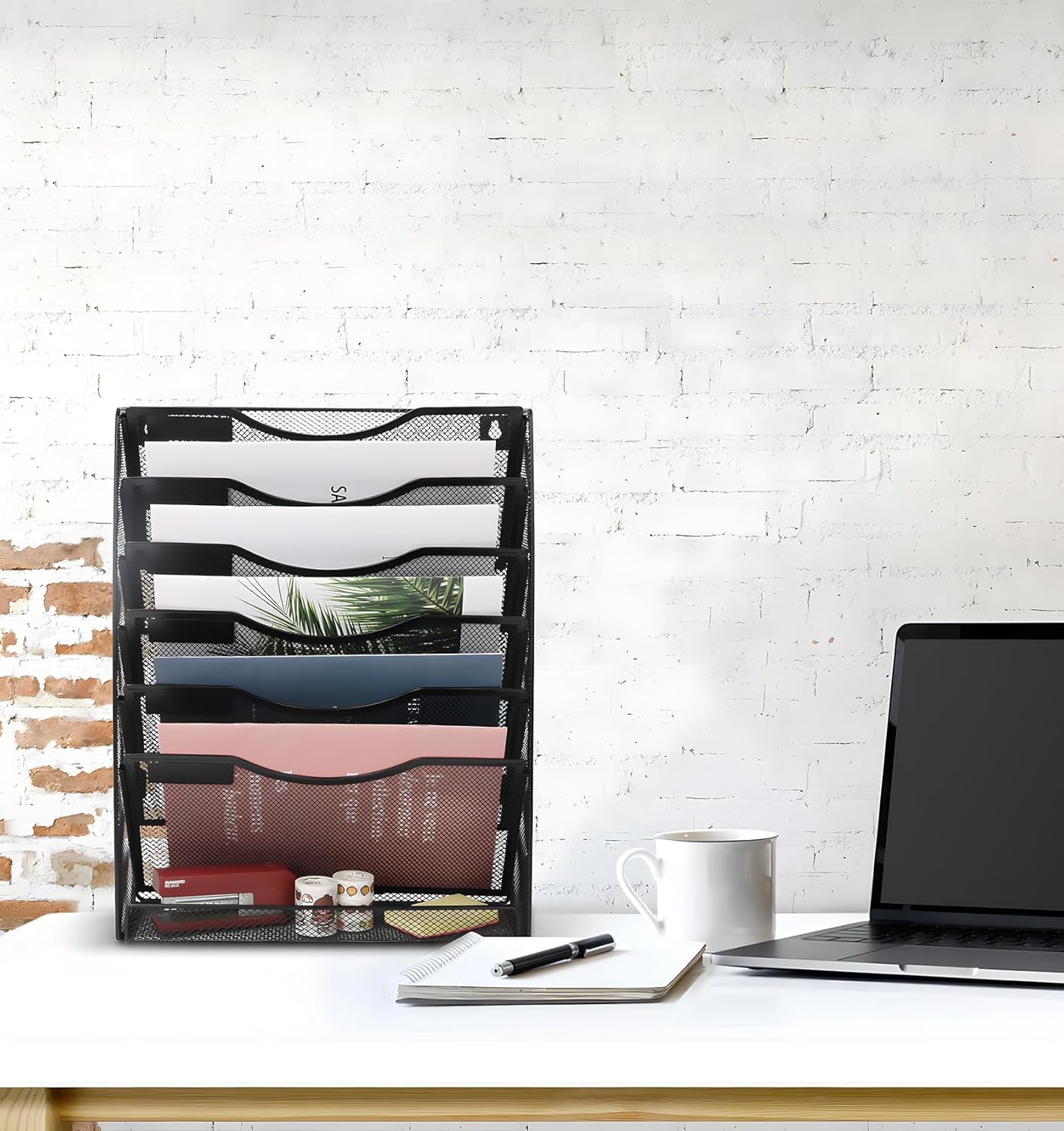 EasyPAG Wall File Holder Organizer 7 Tier Mesh Hanging Wall Mounted Document Paper Folder Filing Magazine Rack with Nametag Label for Office Home School, Black