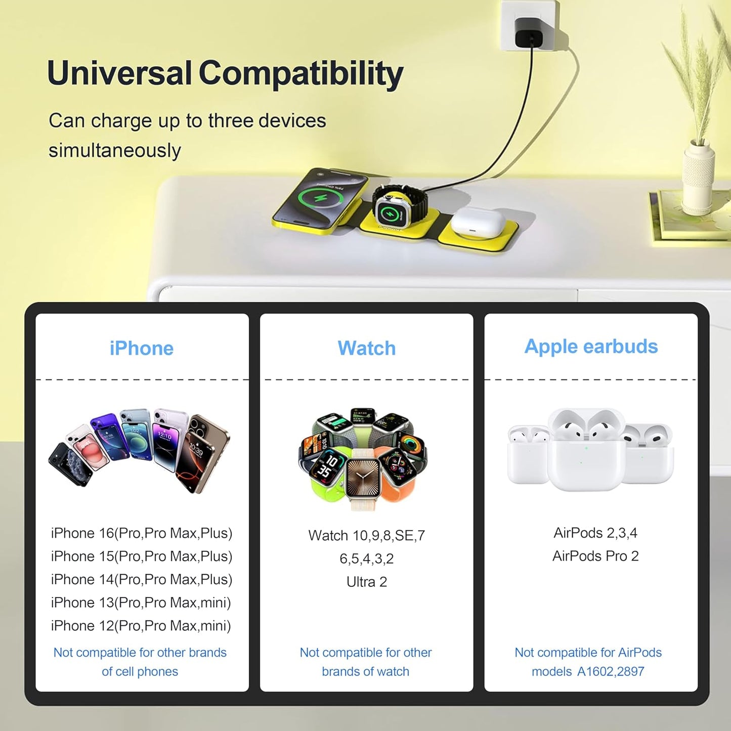 UCOMX 3 in 1 Charging Station for Multple Devices,Foldable 3 in 1 Wireless Charger for Travel,Nano Wireless Charging Station for iPhone16 15 14 13 12 Pro Max/Watch 10 9 8 7 6 5 4 3 Ultra/AirPod Pro