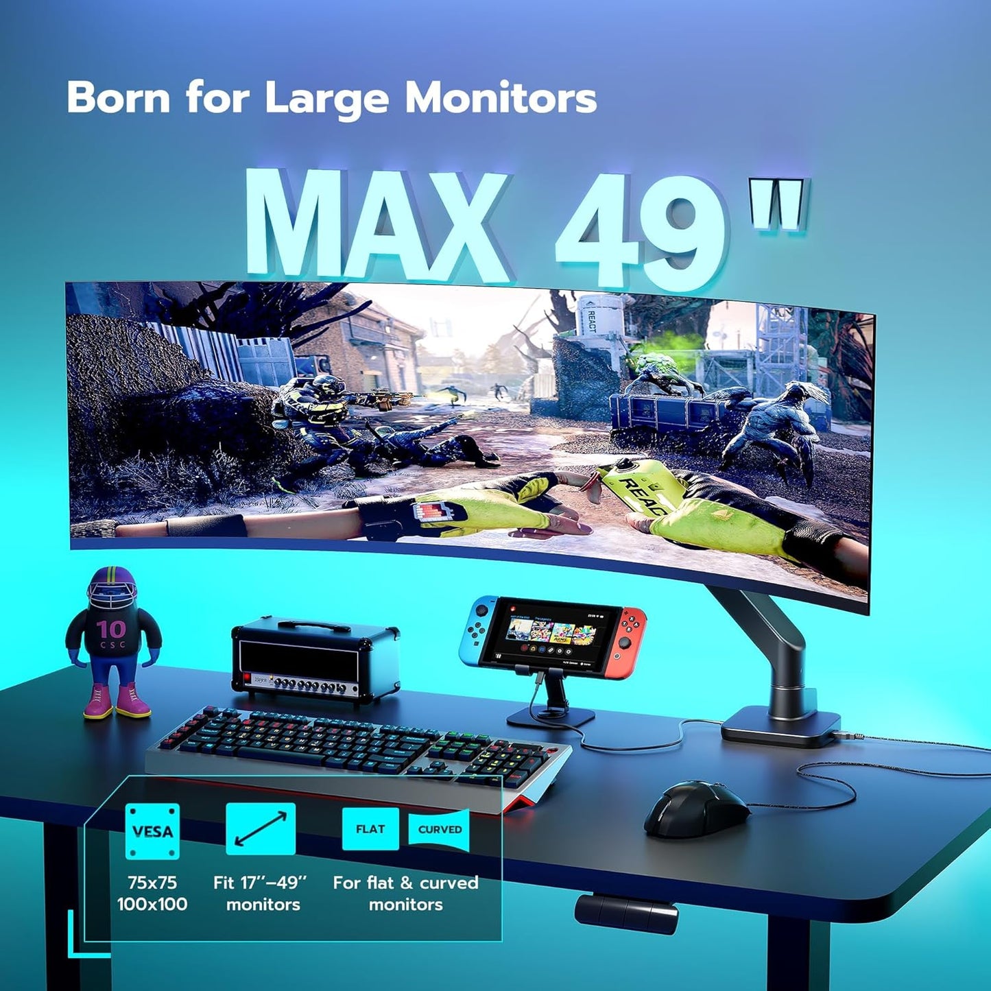 ARES WING Ultrawide Monitor Arm with USB A/C, for 17 to 49 inch Heavy Duty Screen, Holds 44 lbs, Adjustable Gas Spring Arm Desk Mount with Clamp and Grommet Base, Black