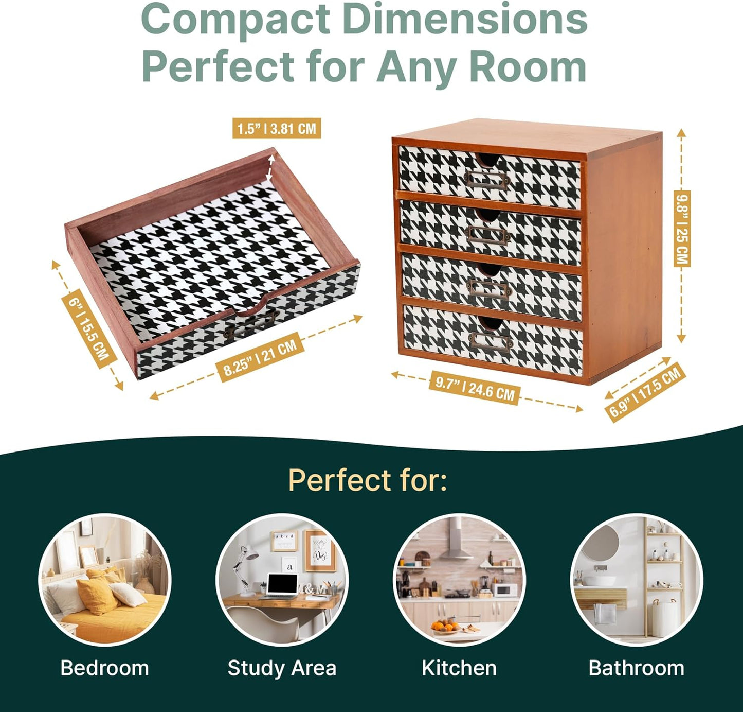 Houndstooth Pattern Wooden Desk Organizer - 4-Drawer Desktop Storage - Modern & Rustic Wood Cabinet for Office Supplies, Craft Tools, & Home Organization - Elegant Drawer Unit