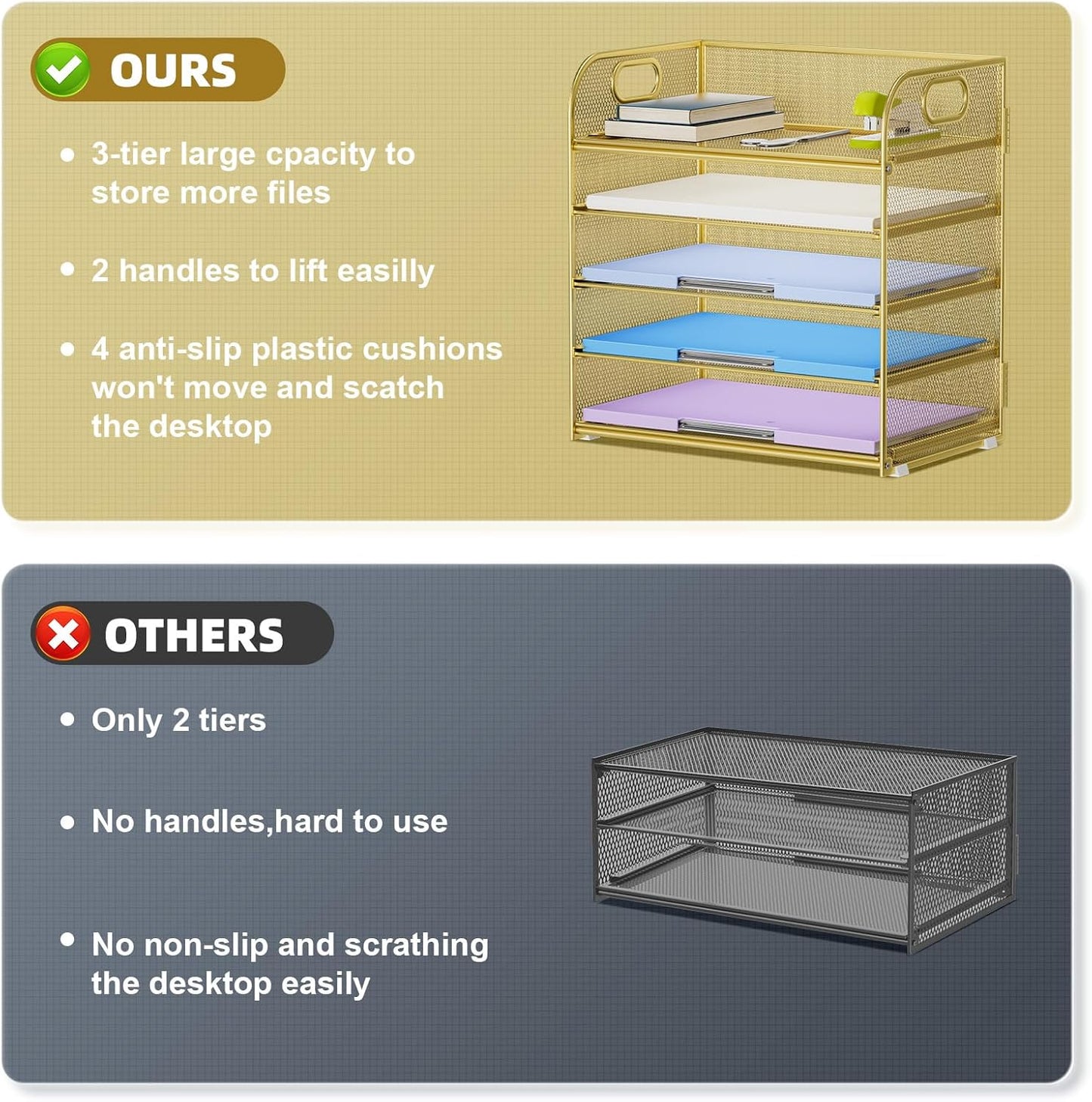 Marbrasse Paper Organizer Letter Tray, 5 Tier Mesh File Organizer with Handle, Paper Sorter Desk Organizer for Home Office Supplies - Gold