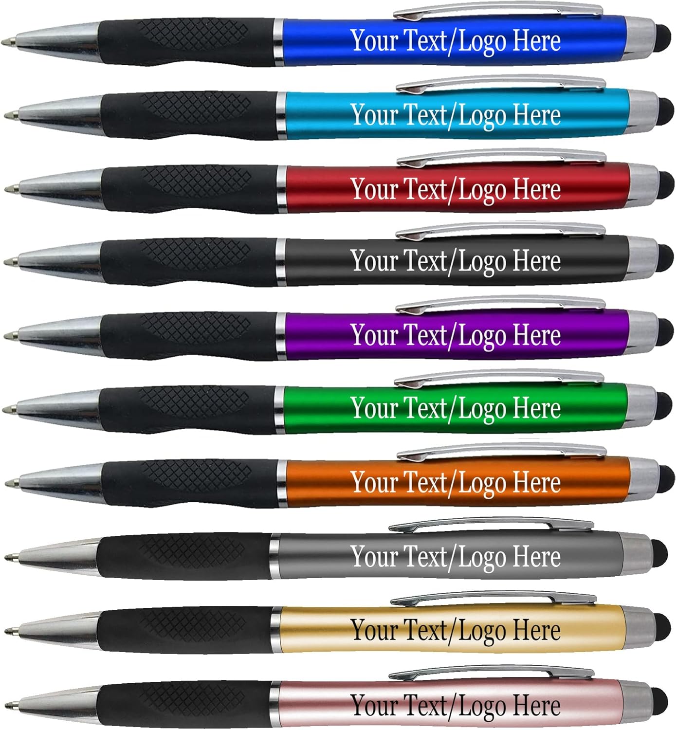 Personalized Pens With your Custom Logo or Text-300 Pack Bulk-for Businesses, Parties, and Events, 2 in 1 Ballpoint Pen + Capacitive Stylus Compatible with Touchscreen Devices, Gold Barrel, Blue Ink