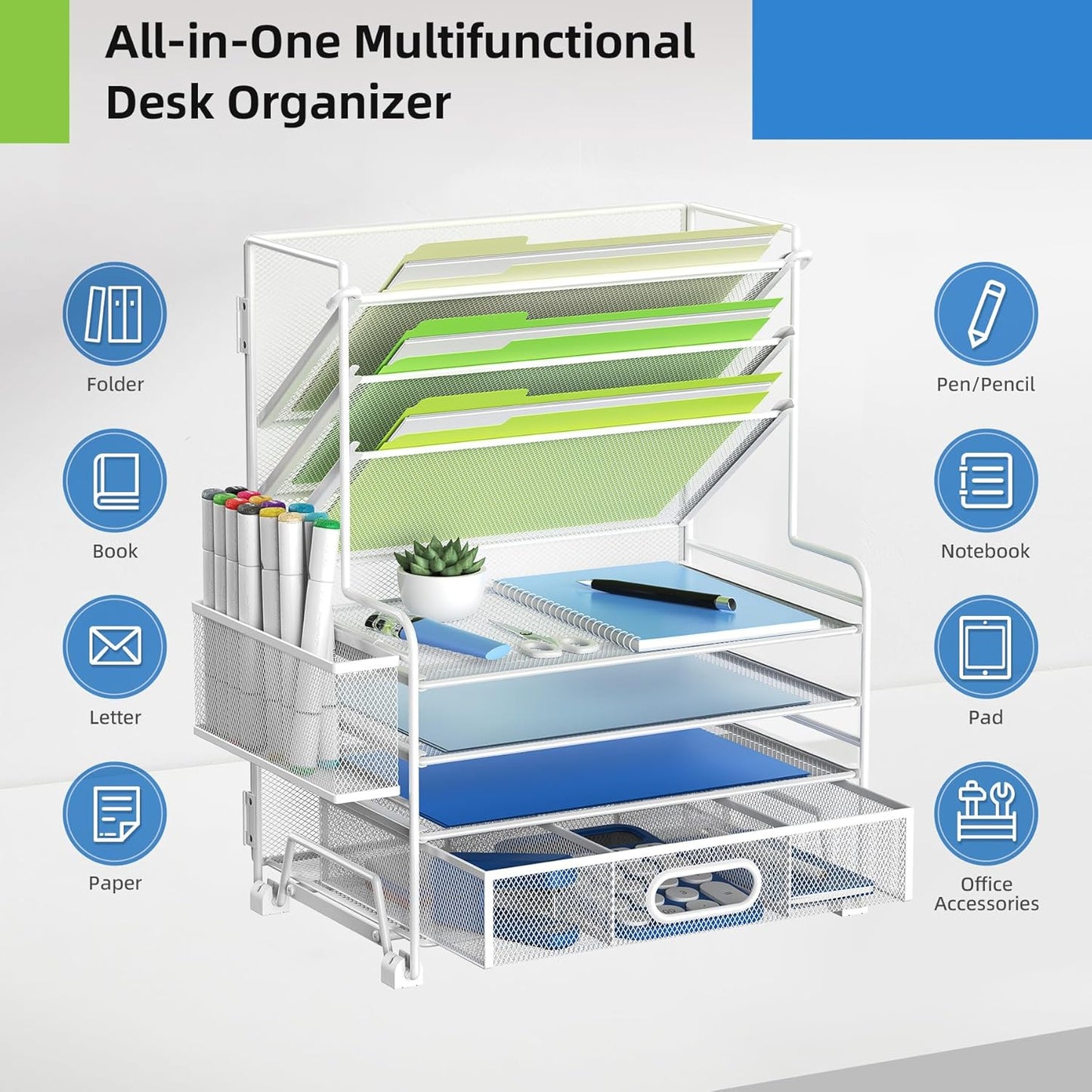 4-Tier Paper Organizer + 3-Pocket File Holder + Drawer + Pen Holders, Desktop File Organizers Paper Tray for Office Supplies School Classroom Organization (White, with Drawer & Pen Holder)