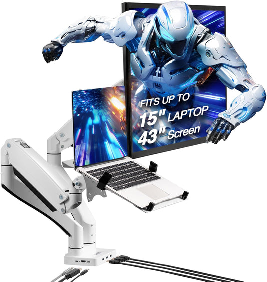 AVLT Dual 17”-43" Monitor Arm Desk Mount with 15" Laptop Tray and USB-C Docking Station, HDMI 4K60Hz, USB-A 5Gbps, Ethernet, 100W PD, Fits Two Flat/Curved Monitor - White