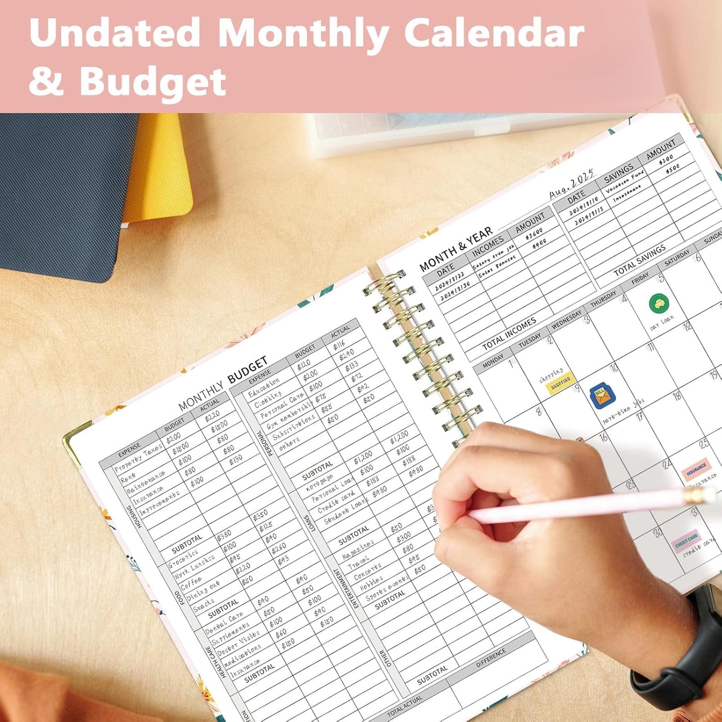 Ospelelf Budget Book Planner 8.5"x11" Large Size Undated Monthly Bill Payment Tracker Organizer Account Financial Planners with Clipboard Pockets Stickers 12 Months Productivity Aesthetic Pink Flowers
