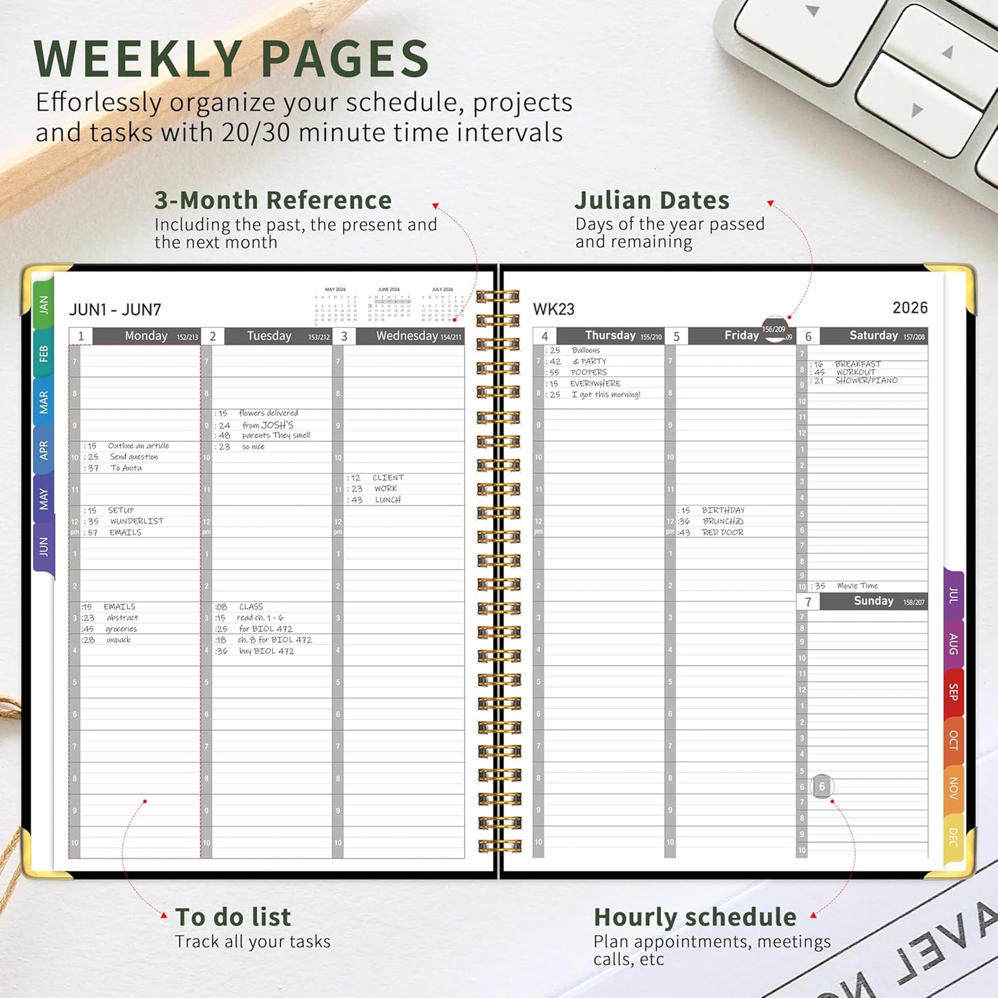 2026 Appointment Book/Planner - 2026 Daily Hourly Planner from Jan. 2026 - Dec. 2026, Weekly appointment Book 2026, 2026 Hourly planner with 20-Minute Interval, 9" x 11", Twin-Wire Binding, Colorful Tabs, Pocket - Black