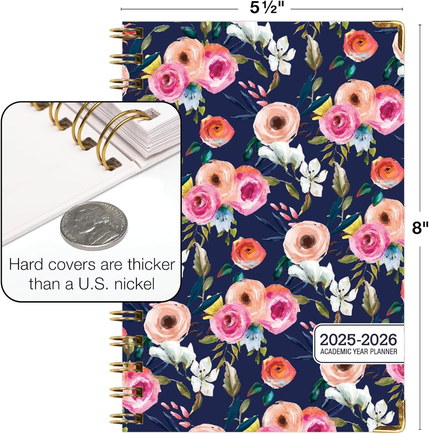 HARDCOVER Academic Year 2025-2026 Planner: (June 2025 Through July 2026) 5.5"x8" Daily Weekly Monthly Planner Yearly Agenda. Bookmark, Pocket Folder and Sticky Note Set (Small Navy Floral)