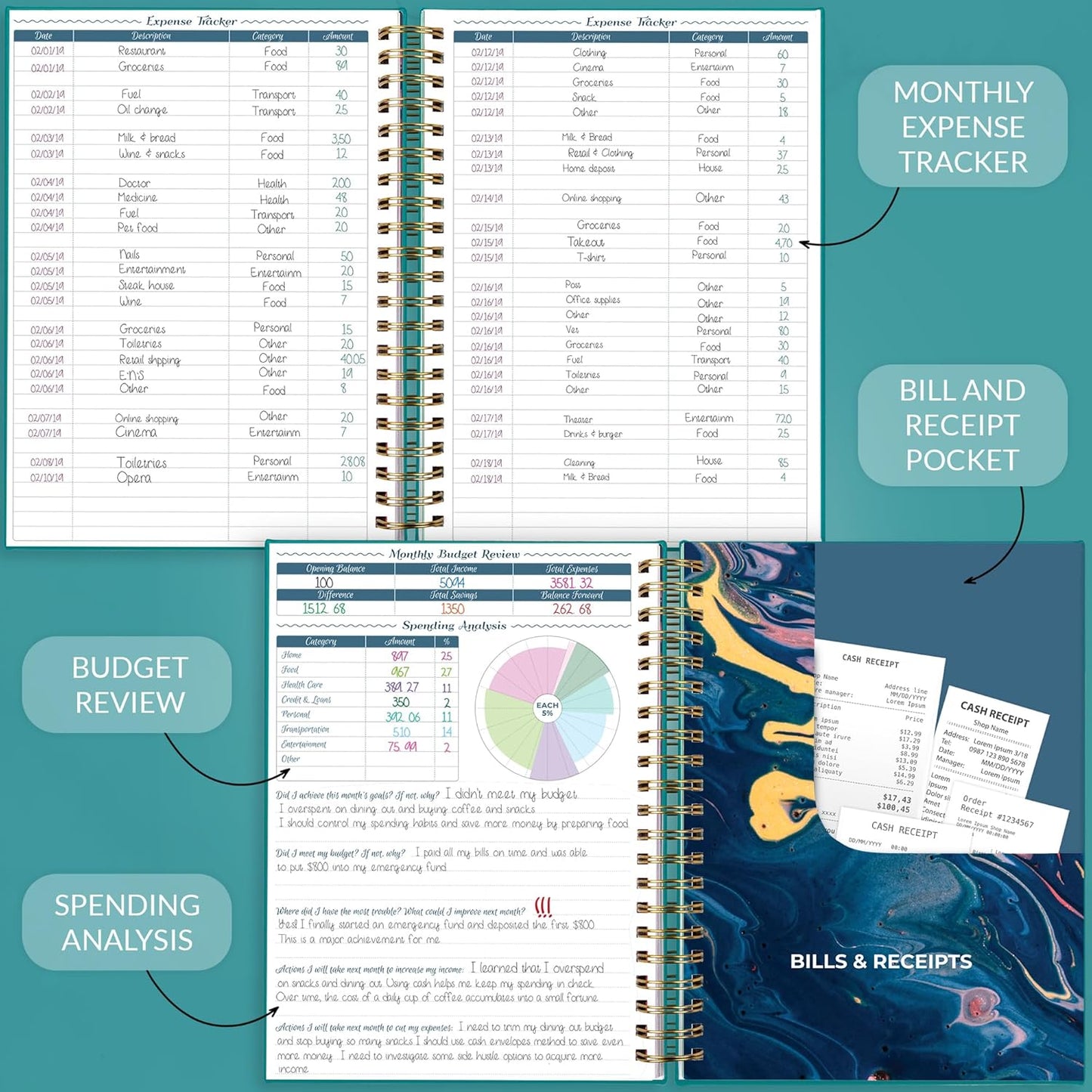GoGirl Budget Planner & Monthly Bill Organizer – Monthly Financial Book with Pockets. Expense Tracker Notebook Journal, Large (Turquoise)