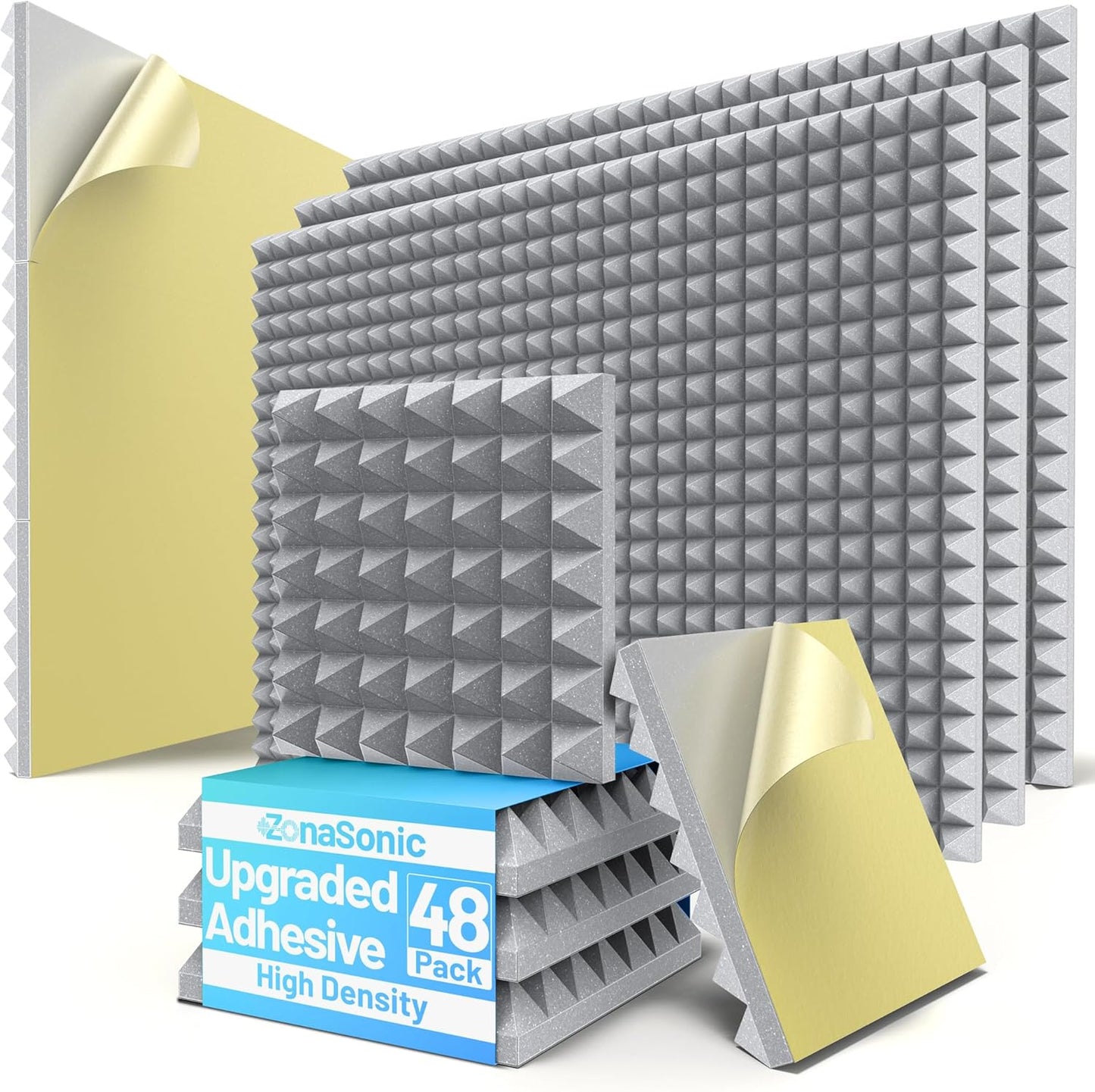 48 Pack Pyramid Sound Proof Foam Panels for Walls with Updated Self-Adhesive 2"X12"X12" High Density Acoustic Panels Sound Absorbing Fast-Expanding Soundproof Wall Panels for Gaming Studio Decor- Gray