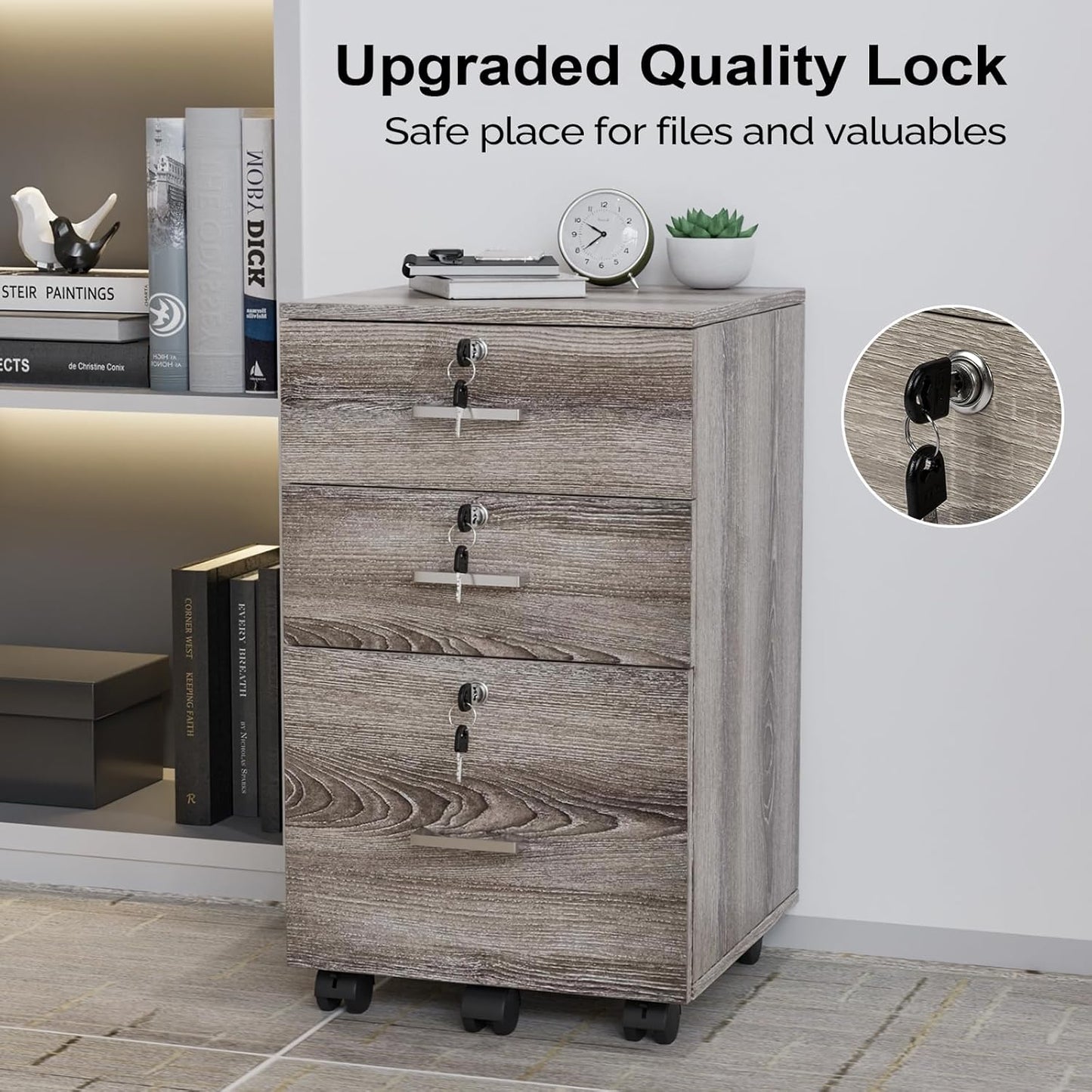 VINGLI 3-Drawer File Cabinet with Lock, Wood Rolling Filing Cabinets for Home Office, Mobile Printer Stand, Under Desk File Organizer for Letter Sized Files, 26" H(Caster Included),Gray Oak