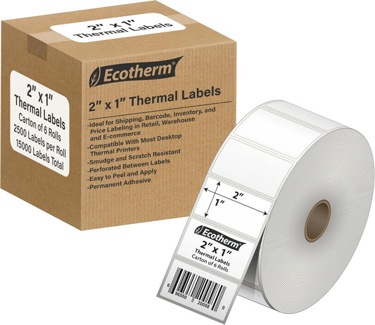 2"x1" Thermal Labels for Rollo, Munbyn, Zebra, Godex, Arkscan, iDPRT, Offnova Label Printers and More - White Paper Stickers - Small Multipurpose Labels | 15000 Labels | 6 Rolls | by Ecotherm