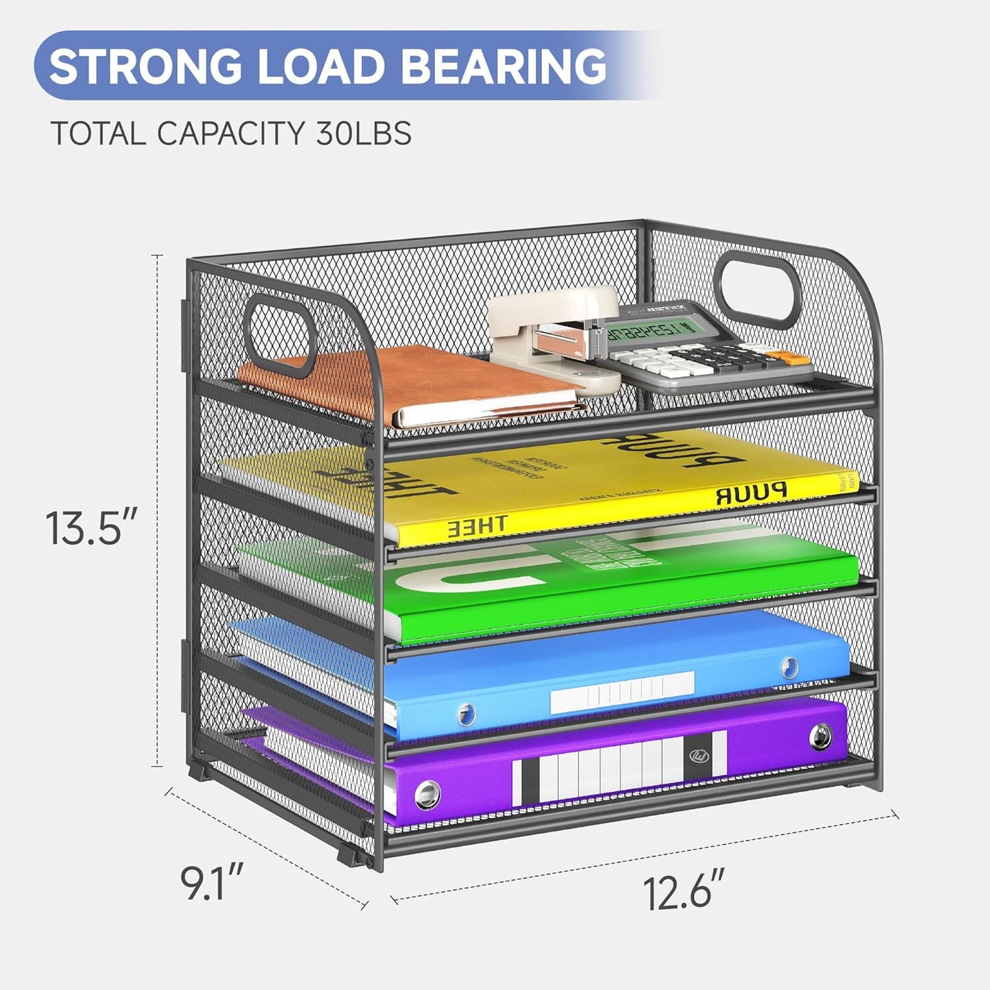 5 Tier Paper Organizer with Handle, Metal Mesh Desk Organizer File Folder Paper Letter Tray Desktop Document Sorter for Classroom, School, Office Accessories Organization and Storage - Grey