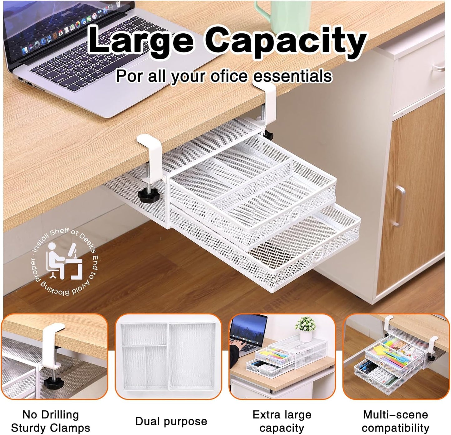 2-Tier Clamp-On Mesh Organizer, Under Desk Storage with Slide-Out Tray, No Drilling Tool-Free Installation, Durable Rust-Resistant Metal, Large-Capacity Organizer.