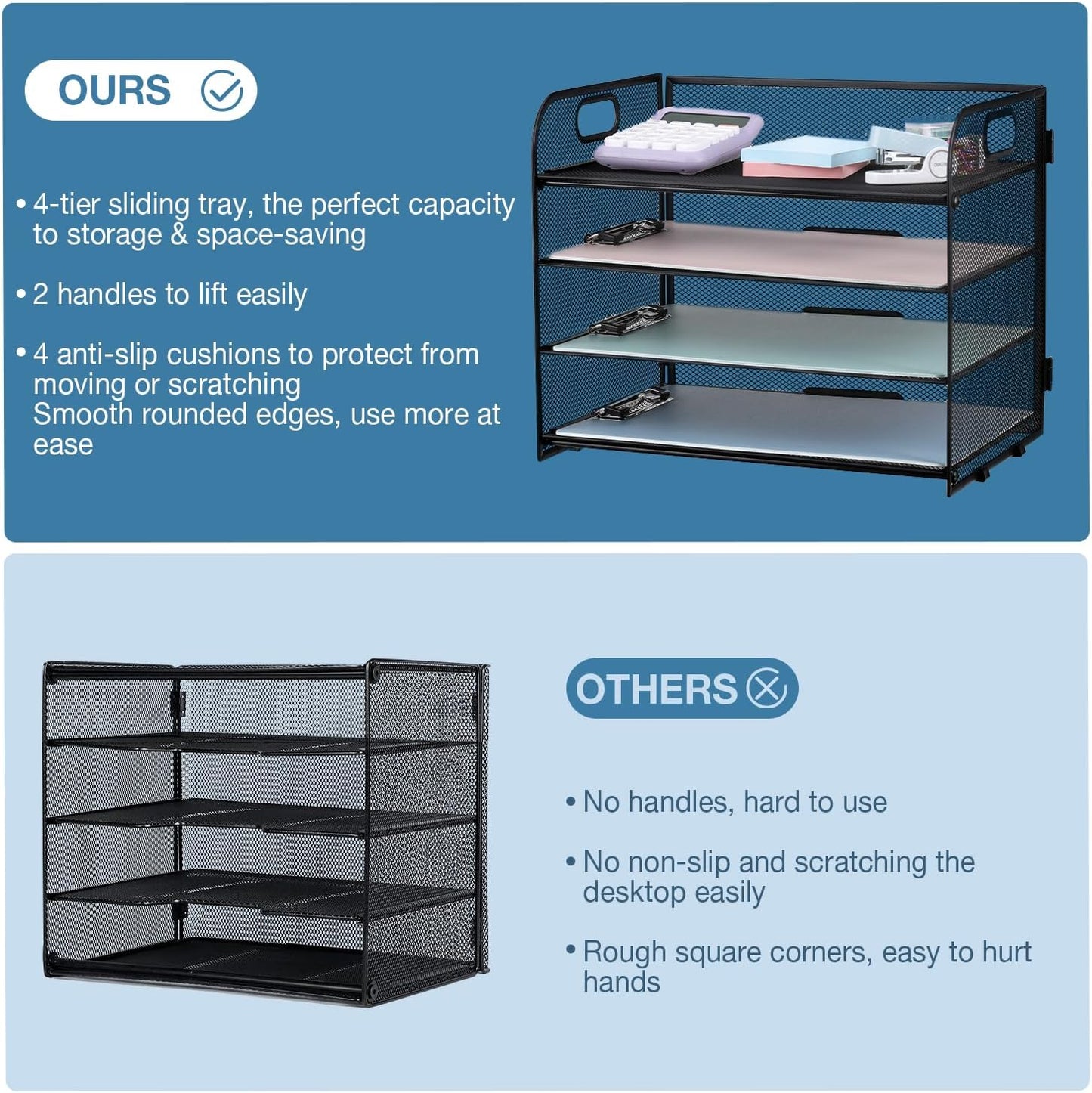 4-Tier Mesh Letter Tray Paper Organizer, Desk File Organizer with Handle - Black