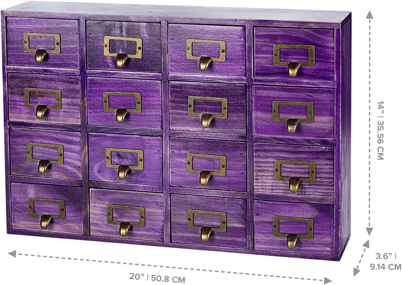 Purple 16-Slot Wooden Drawer Unit - Country Style Desk Organizer Box - 20"x3.6”x14” Wooden Storage Box w/ 16 Drawers - Countertop Drawers w/Label Holder & Handle - Slim 4-Level Organizer