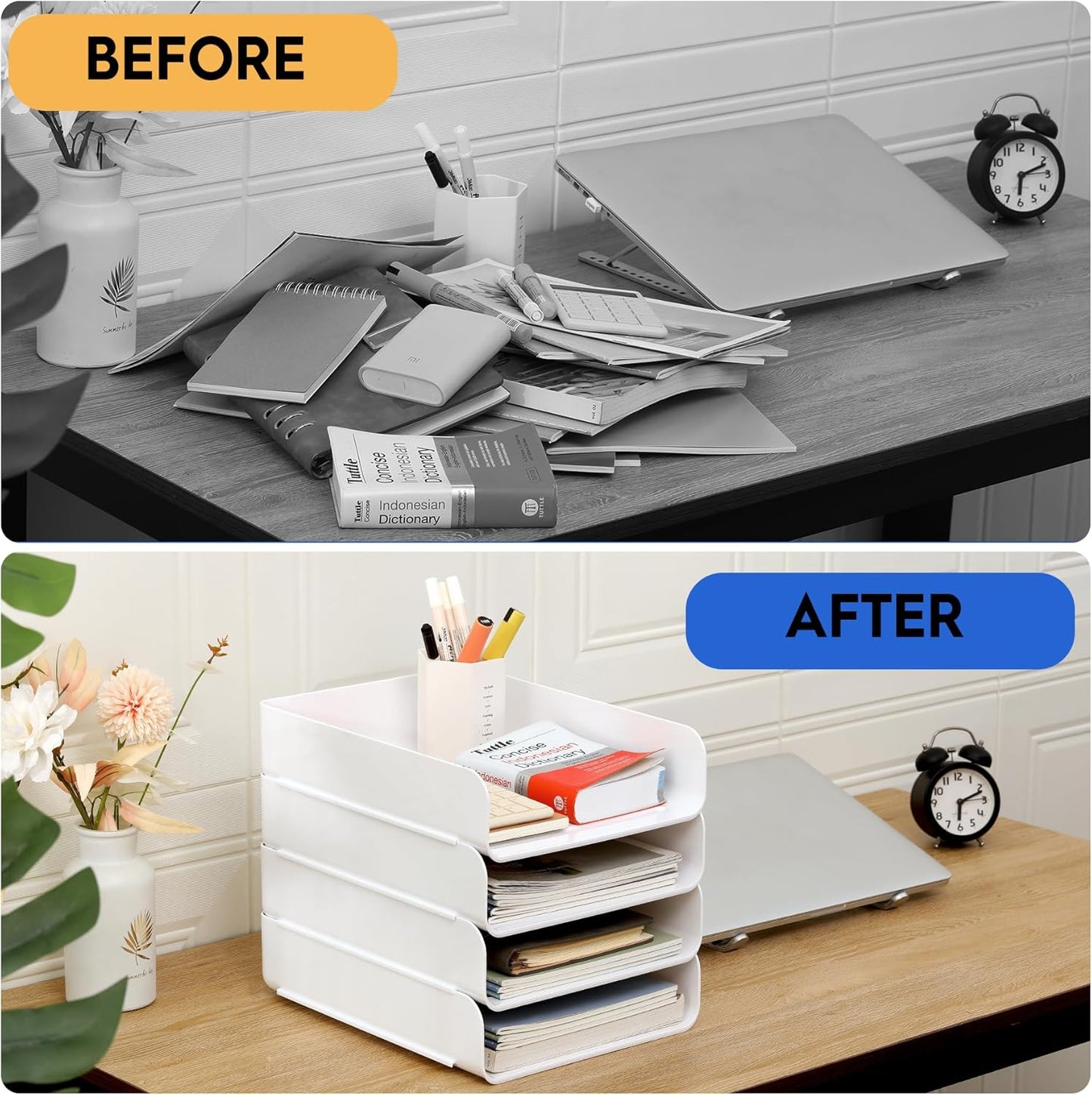 Set of 4 Office Organization and Storage, Clear PET Letter Tray Desk Organizer, Stackable Document Organizer, Office Supply Organizer for Notes, Pens, File Paper, Desk, White