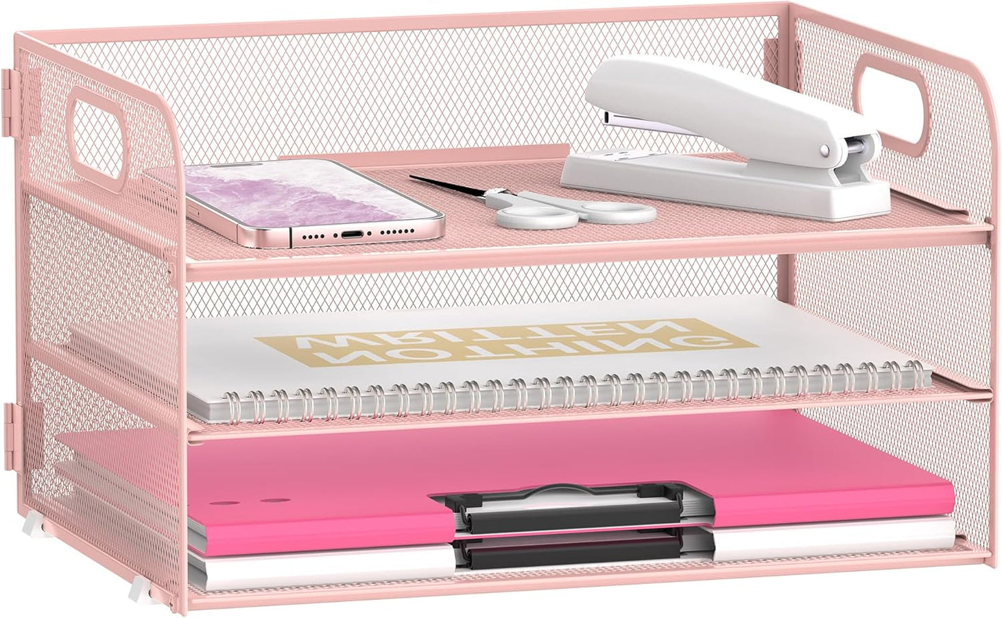 Daltack 3-Tier Paper Organizer with Handle, Mesh Desk Organizer Letter Tray, Paper Tray Organizer File Organizer for A4 File Folder, Pink