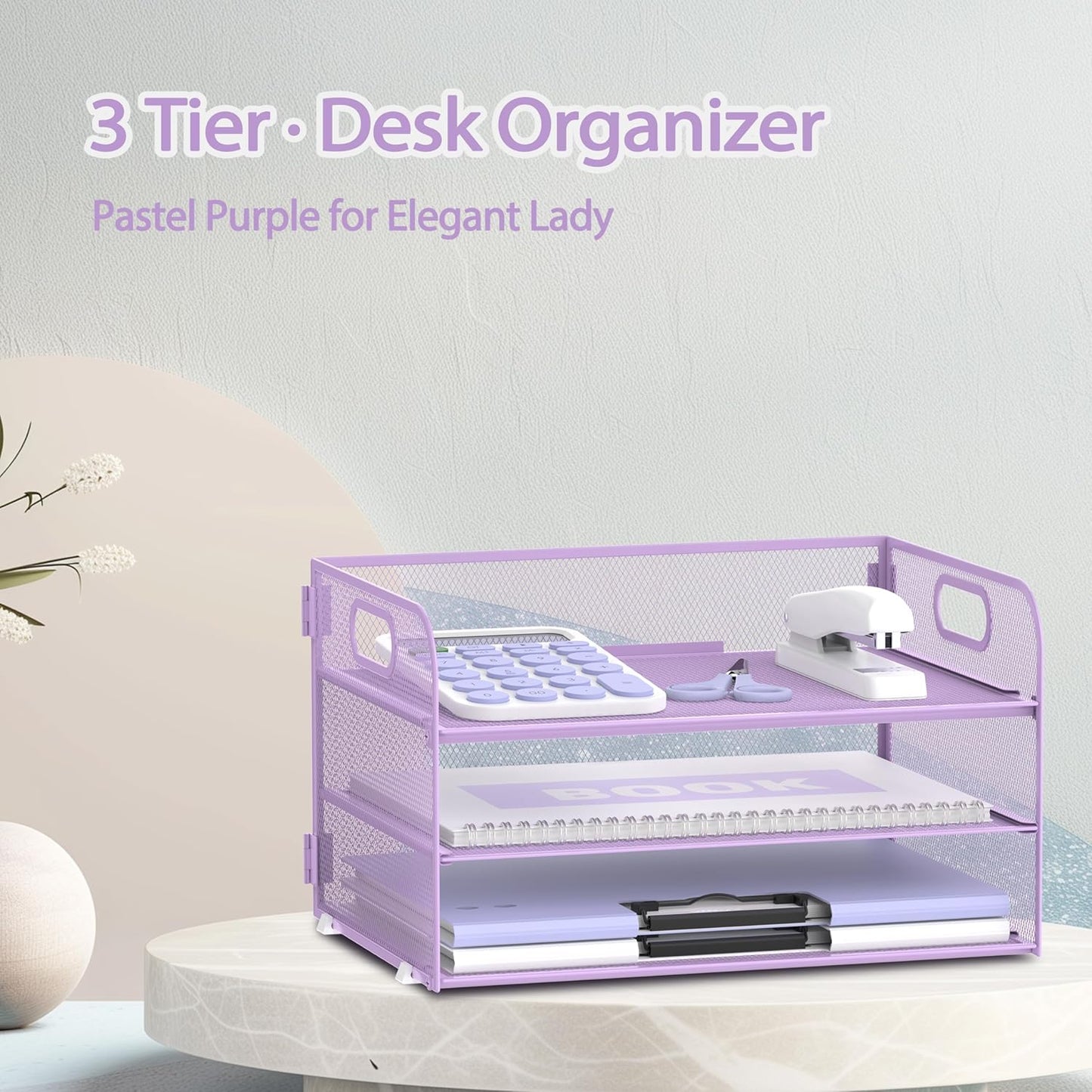 Supeasy 3 Tier Paper Organizer with Handle, Mesh Desk Organizer Letter Tray, Paper Tray File Organizer for A4 File Folder, Purple