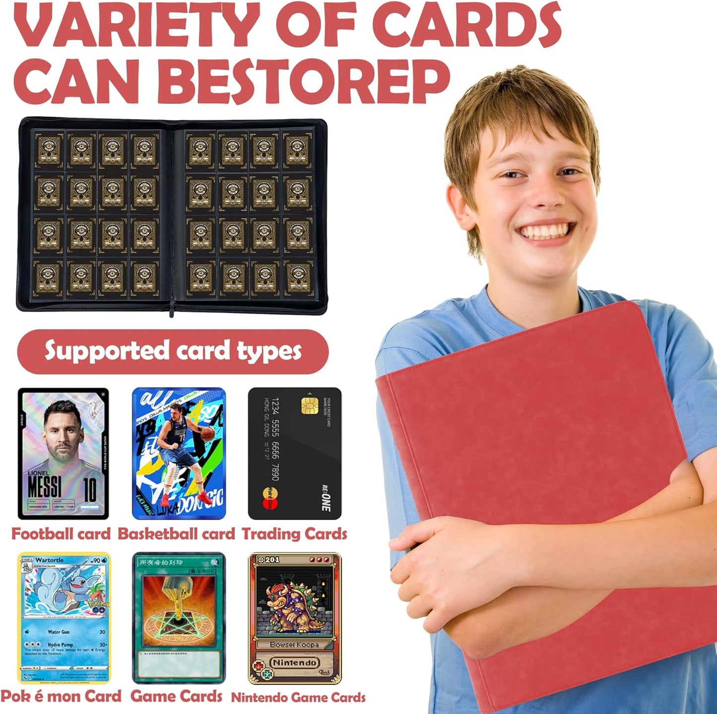 1000+ Pockets Trading Card Binder,16 Pockets Trading Card Binder Ringless Side Loading Trading Card Album Folder for TCG,MTG,Sports Cards(Red)