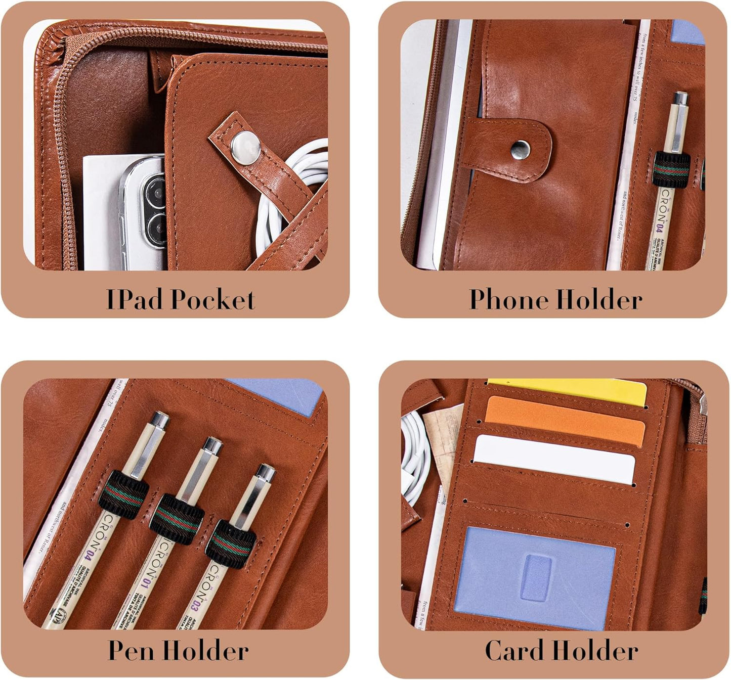 Padfolio with Zipper, Portfolio Binder, Leather Portfolio with Zipper for Men Women, Portfolio Organizer, Padfolio Business Resume A4/Pad, Brown